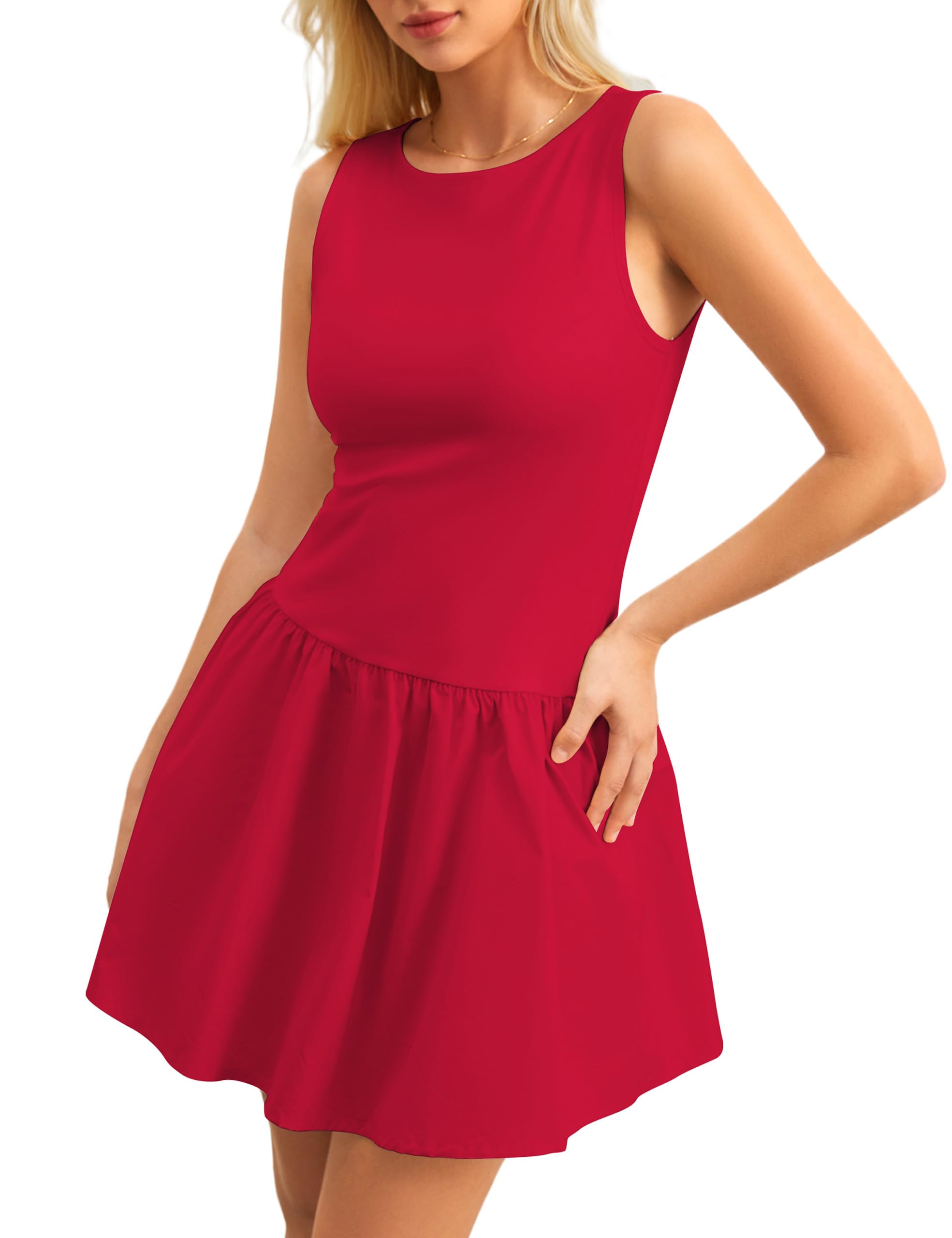 Womens Sleeveless Mini Tank Dress Boat Neck Drop-Waist A Line Dress Casual Slim Fit Flared Short Flowy Dresses