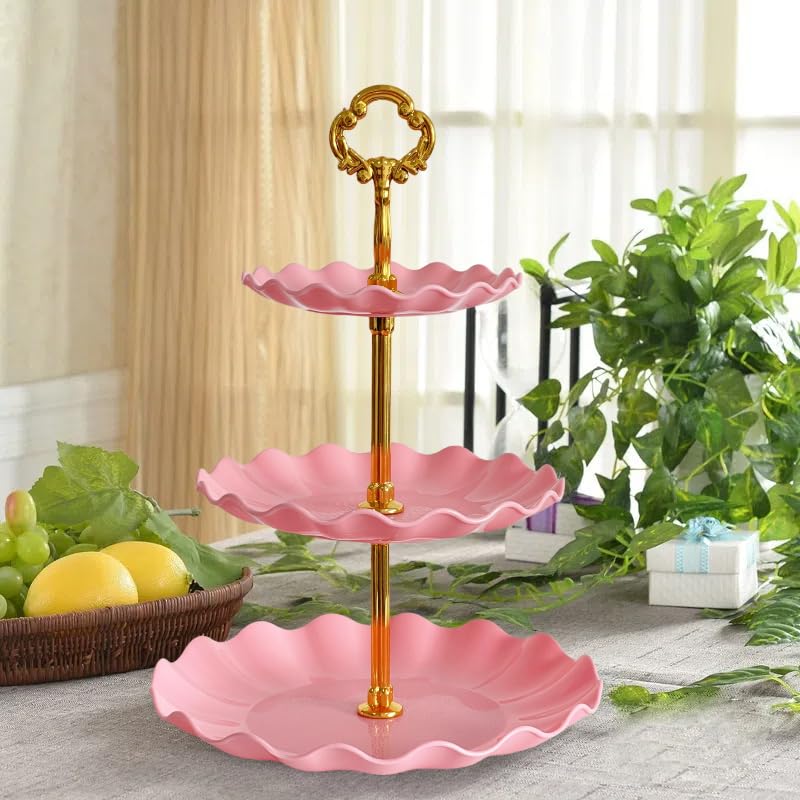 Pack 2 of 3 Tier Cupcake Stand, Small Pink Plastic Tiered Serving Stand, Dessert Tray