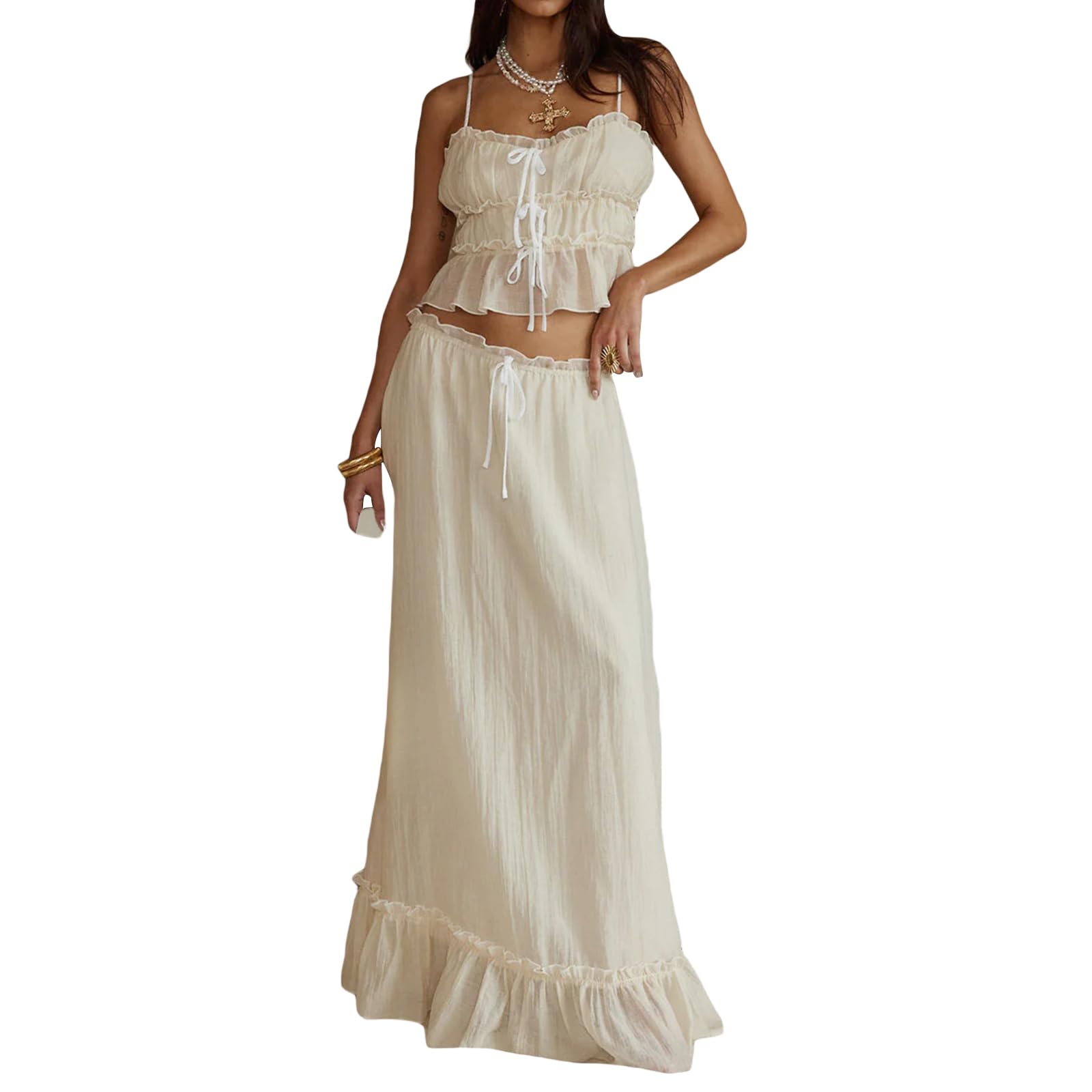 Women 2 Piece Outfits Y2k Sleeveless Lace Trim Cami Tops and Ruffle Ruched Maxi Skirt Matching Set
