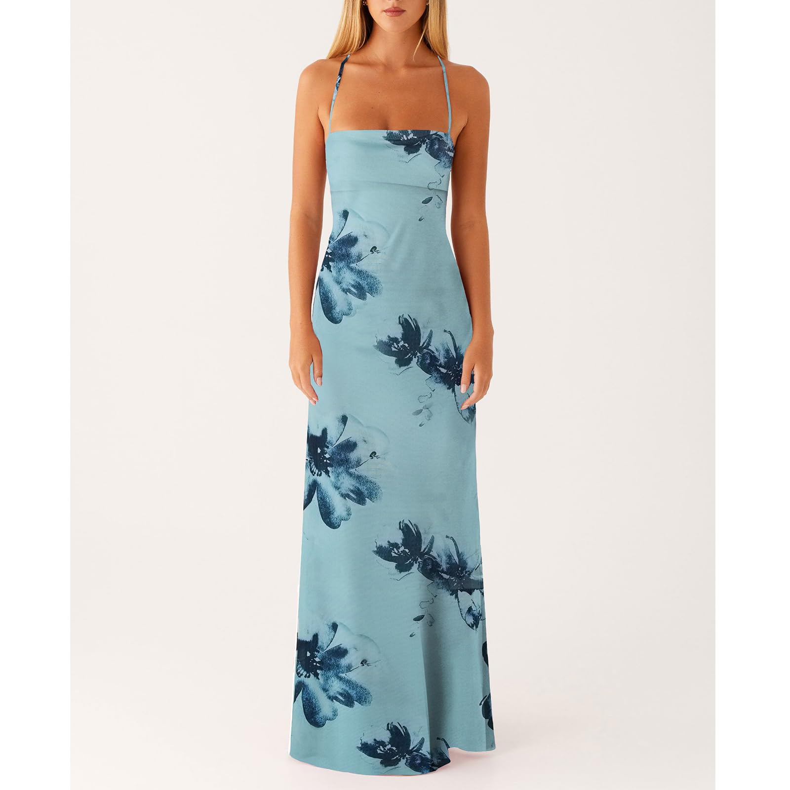 Women Floral Slip Dress Spaghetti Strap Maxi Dress Backless Slim Fit Long Dresses Flowers Print Going Out Dress