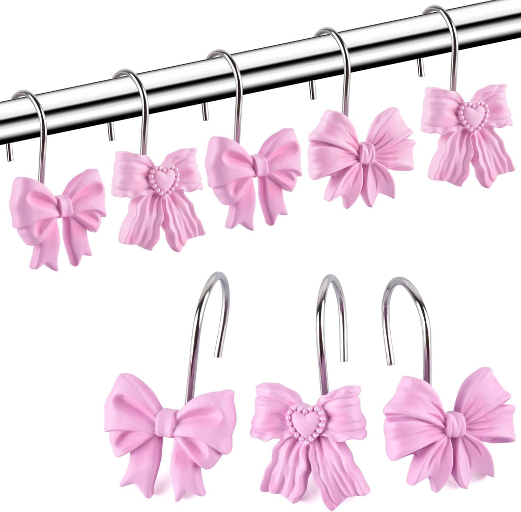 Pink Bow Knot Resin Shower Curtain Hooks Rings for Bathroom 12 PCS