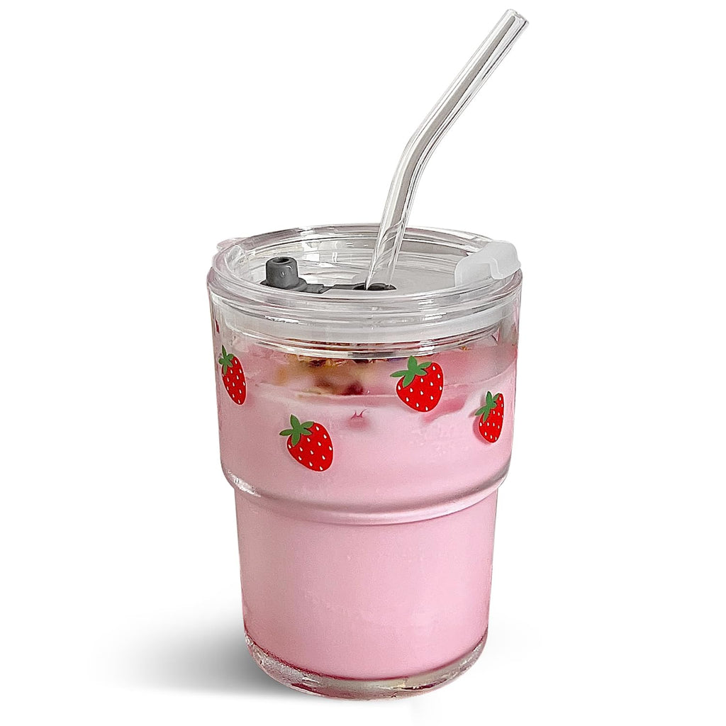 Glass Tumbler with Straw and Lid, Reusable Iced Coffee Cup Tumbler, Cute Glass Cups 13oz