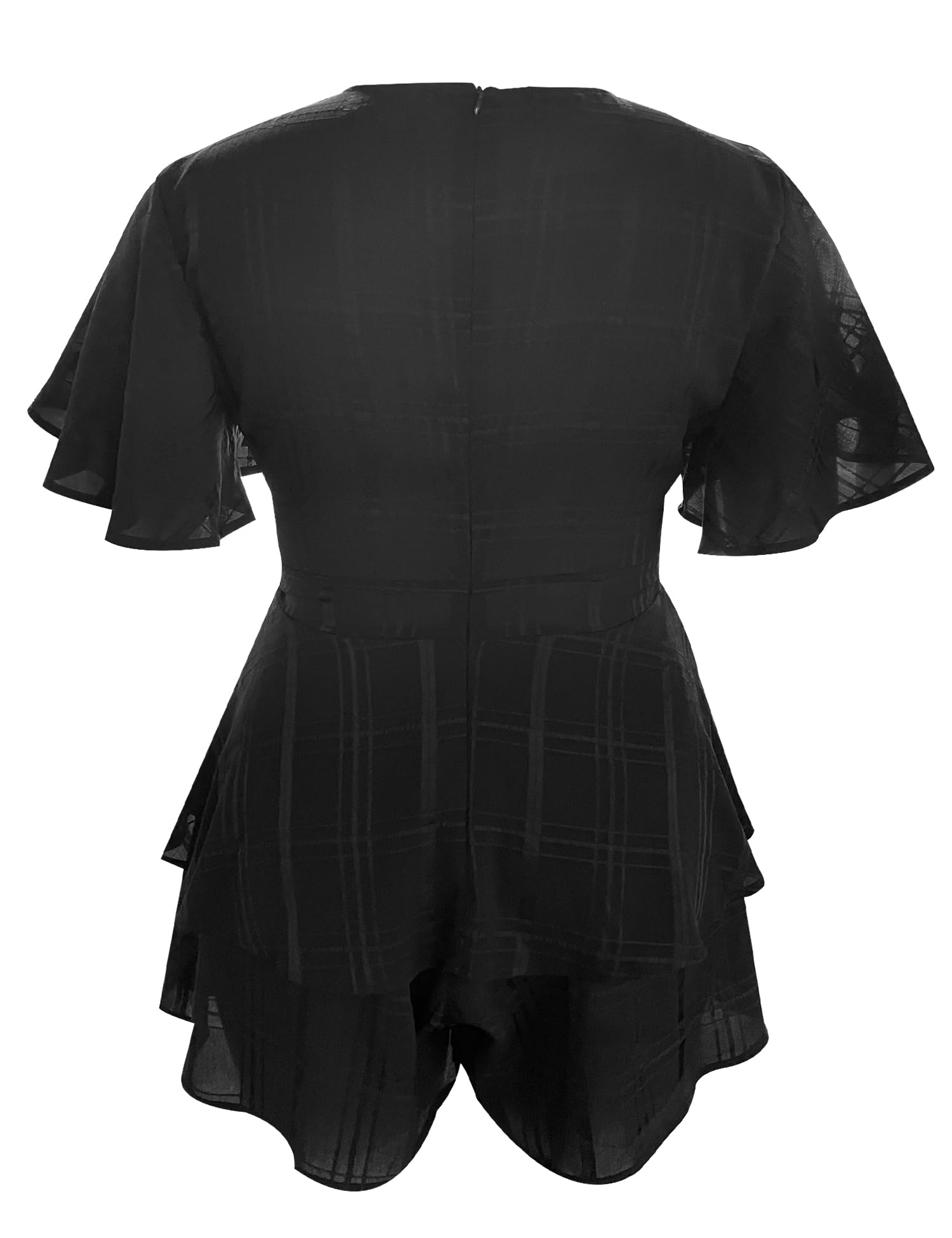 Women's Floral Rompers Jumpsuits V Neck Short Baggy Sleeve Waist Tie Double Layer Ruffle Hem Romper