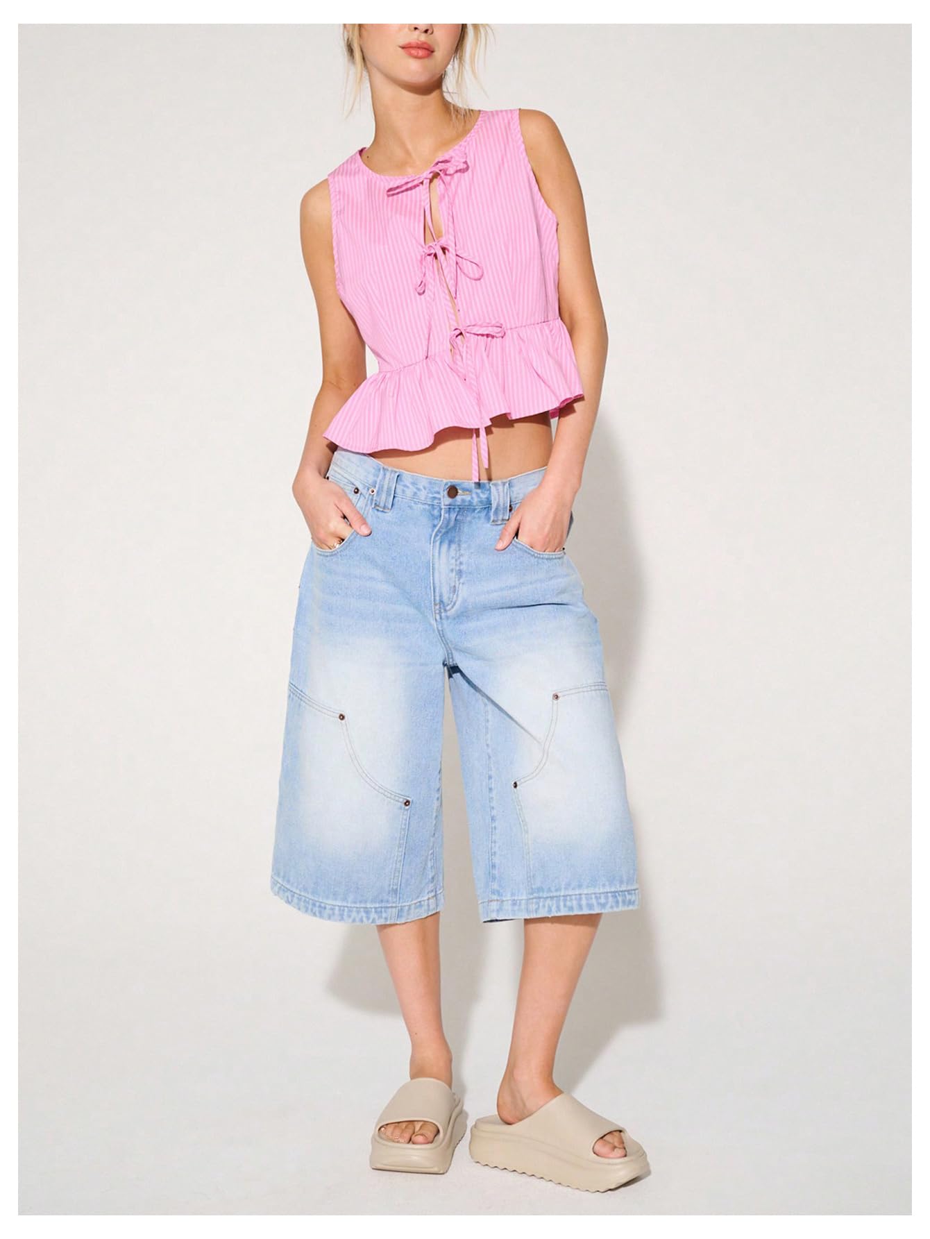 Women's Striped Print Tie Front Tops Sleeveless Ruffle Hem Vest Blouse Top