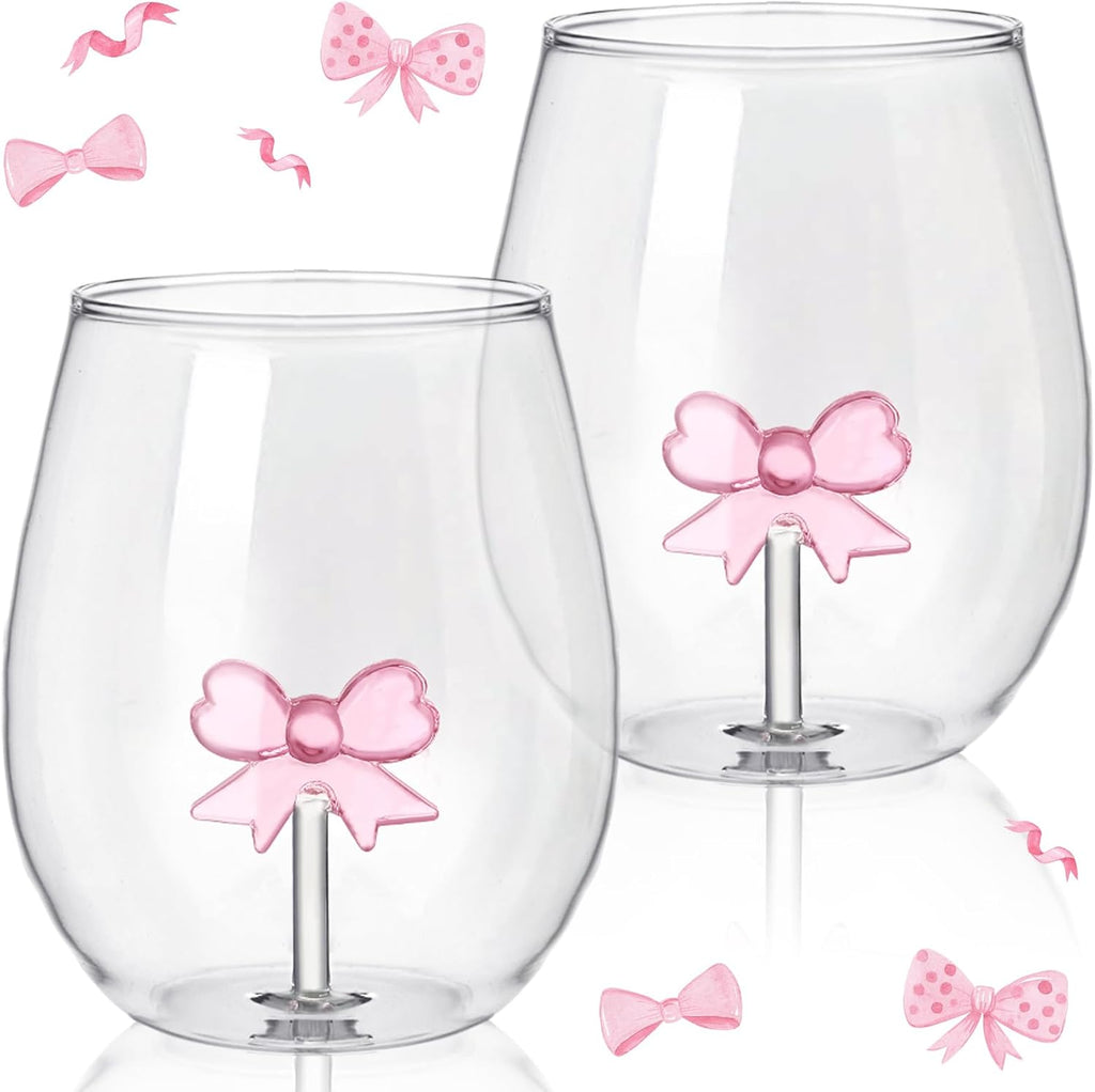 Pink Bow Stemless Wine Glass Coquette Glass Cups 20 oz Elegant Drinkware Handcrafted 2 Pcs