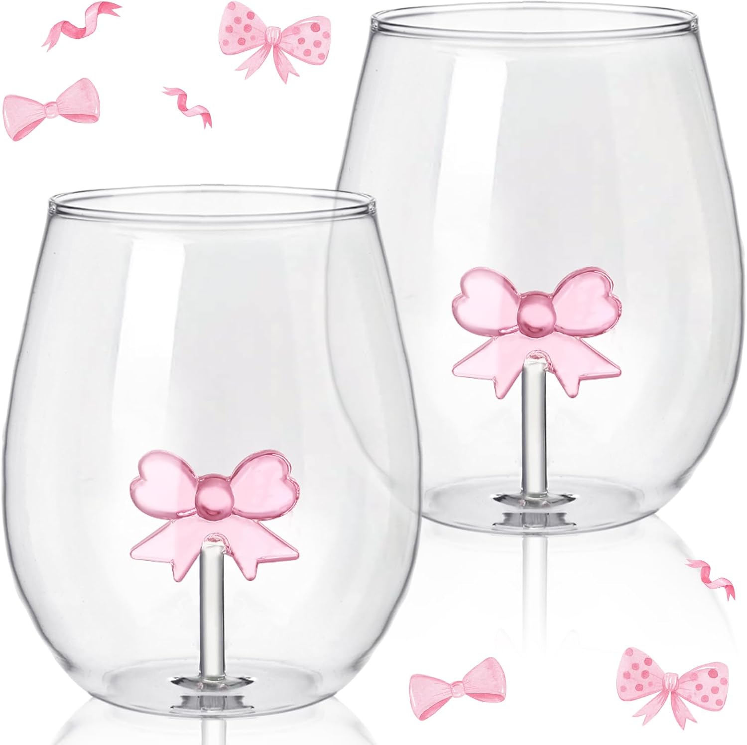 Pink Bow Stemless Wine Glass Coquette Glass Cups 20 oz Elegant Drinkware Handcrafted 2 Pcs
