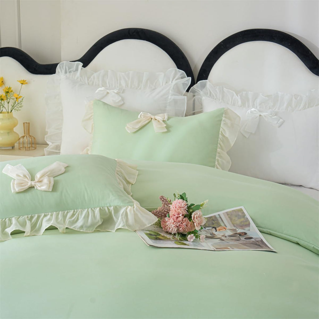 Ruffle Duvet Cover Bedding Set with Bowtie, 2 Pieces Comforter Cover Set with Zipper Closure with Pillowcase