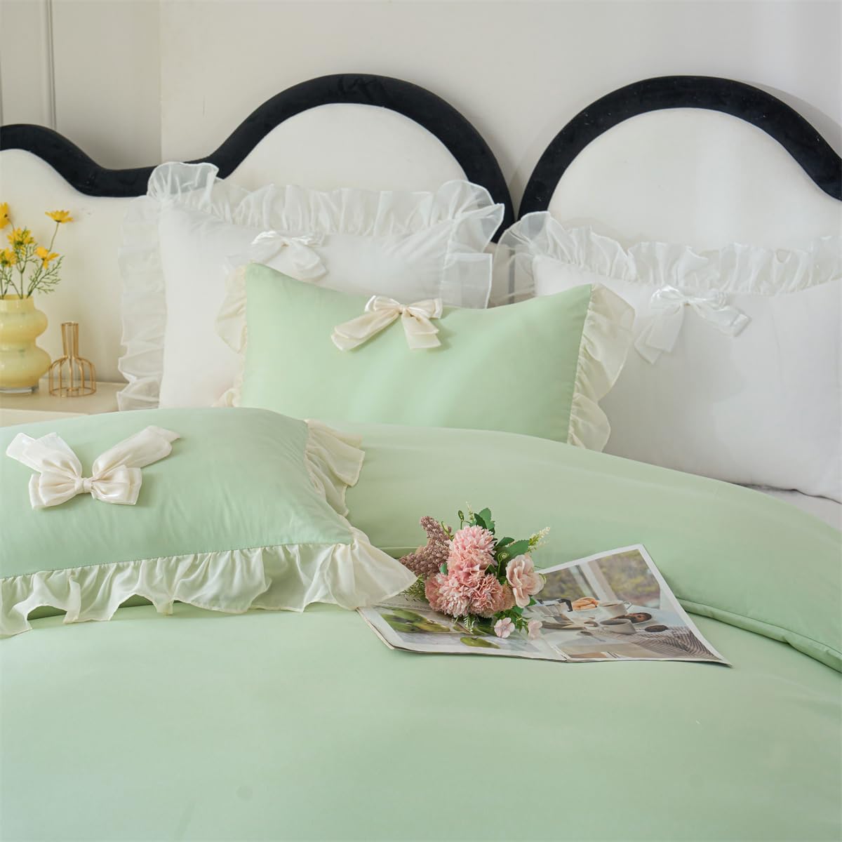 Ruffle Duvet Cover Bedding Set with Bowtie, 2 Pieces Comforter Cover Set with Zipper Closure with Pillowcase