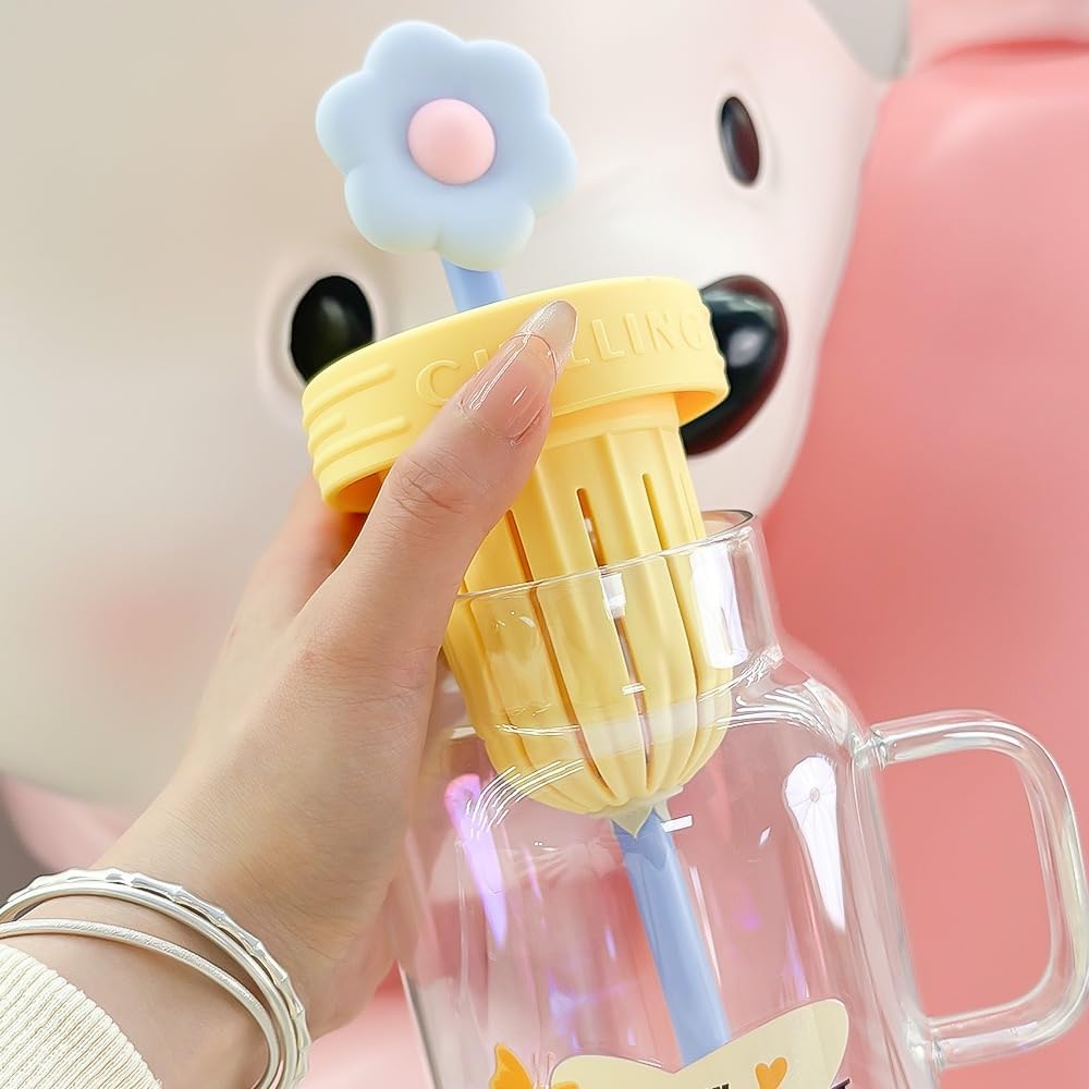 Cutecore Glass Mug with Flower Straw Lid and Handle 28.7oz | Floral Glass Cups Clear Mugs