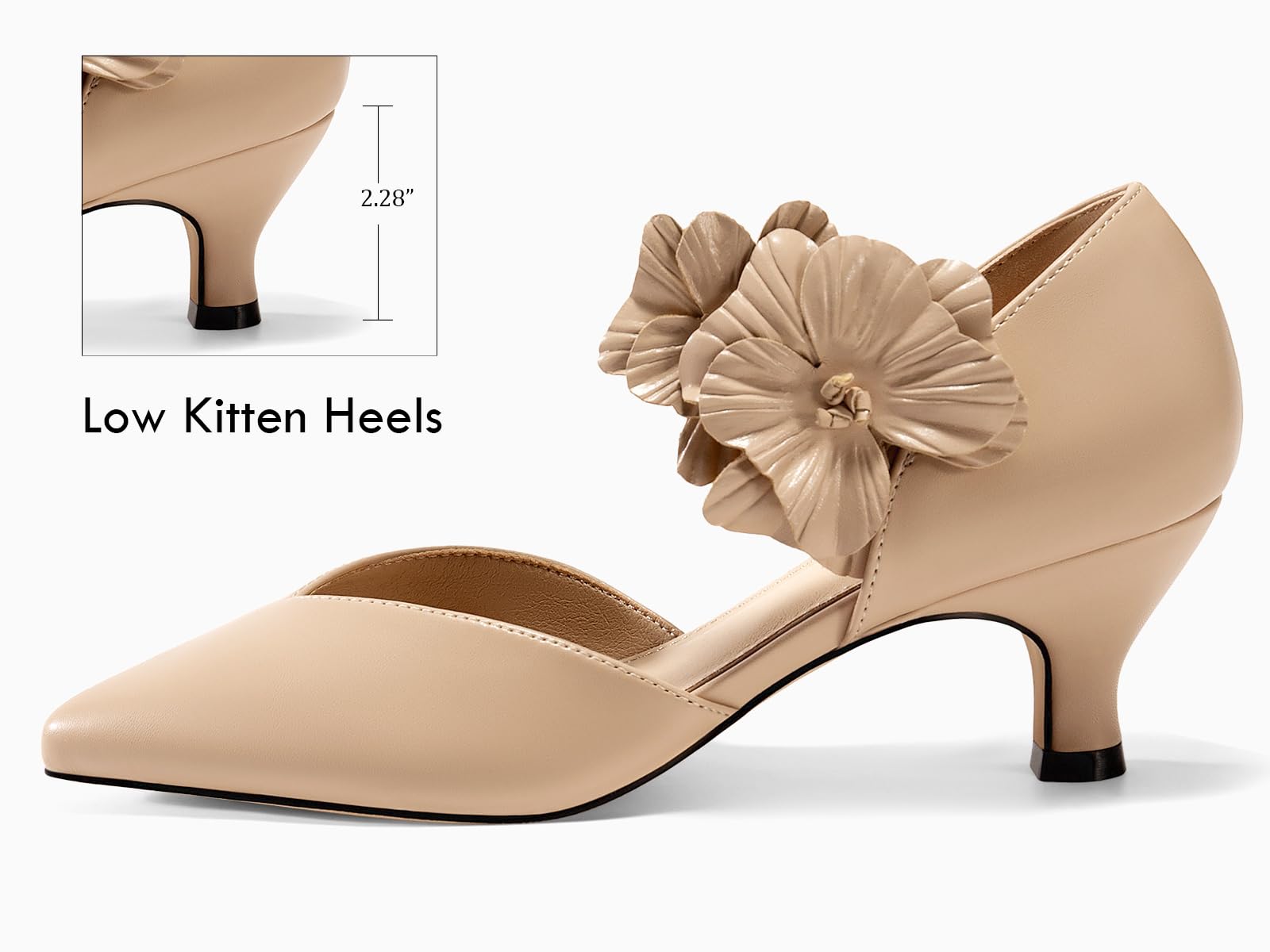 Women's Low Kitten Heels Dressy Shoes Comfortable Closed Toe Flower Slip on