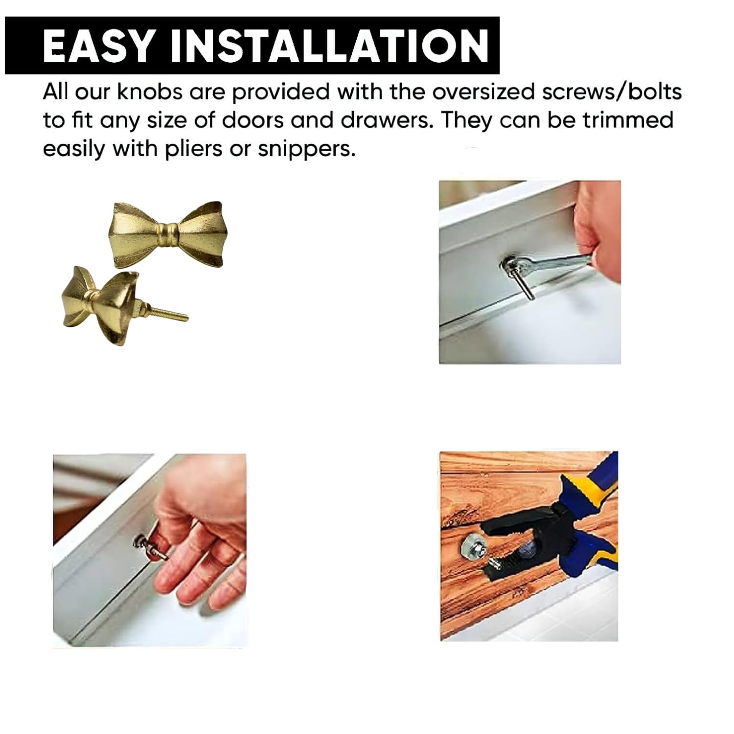 Set of 6 Metal Door Knobs - Decorative Door Knobs Bow Tie Handle with Screw | Cupboard Drawer Wardrobe Pulls (2.25" x 1.25" x 1.1") Gold