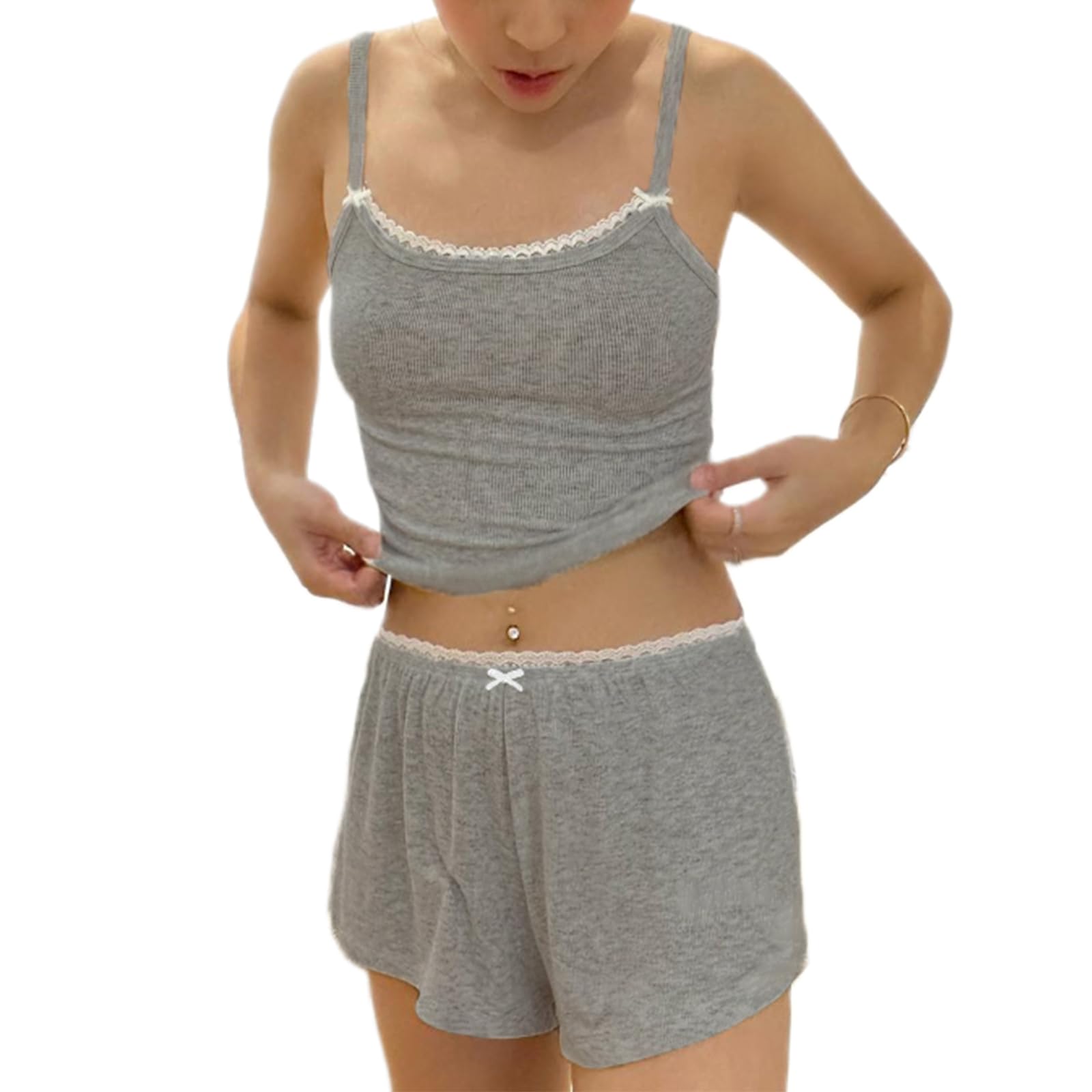 Women Sexy 2 Piece Pajama Set Sleeveless Lace Trim Crop Cami Top and Shorts Pj Set Y2K Sleepwear Lounge Outfits