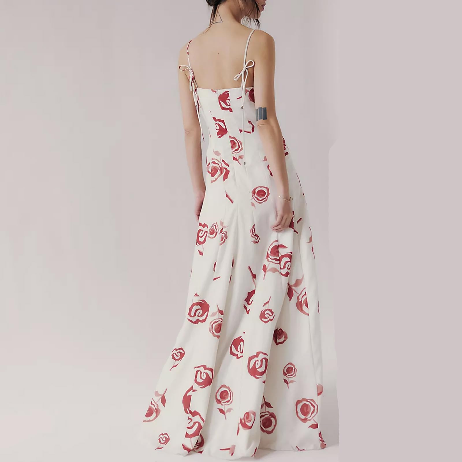 Women Floral Slip Dress Spaghetti Strap Maxi Dress Backless Slim Fit Long Dresses Flowers Print Going Out Dress