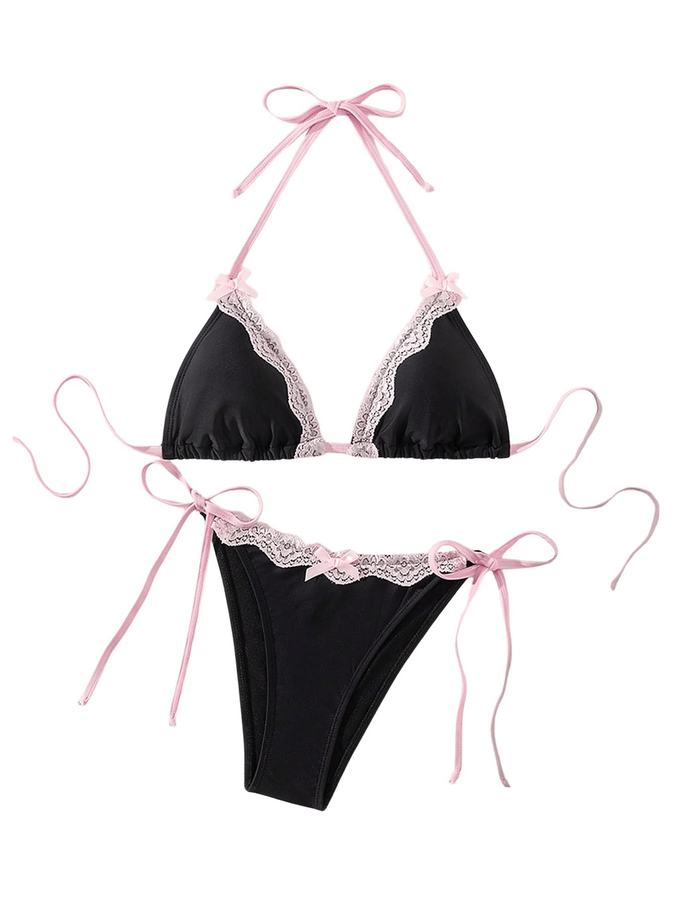 Women's Lace Trim Halter Bikini Set Bow Tie Side Bathing Suit 2 Piece Swimsuit