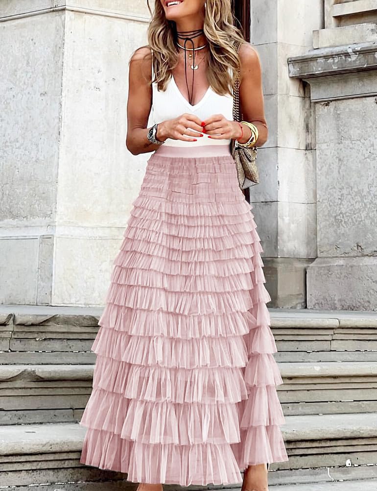 Long Tulle Skirt for Women Trendy High Waisted A Line Fluffy Fairy Mesh Layered Ruffle Skirt