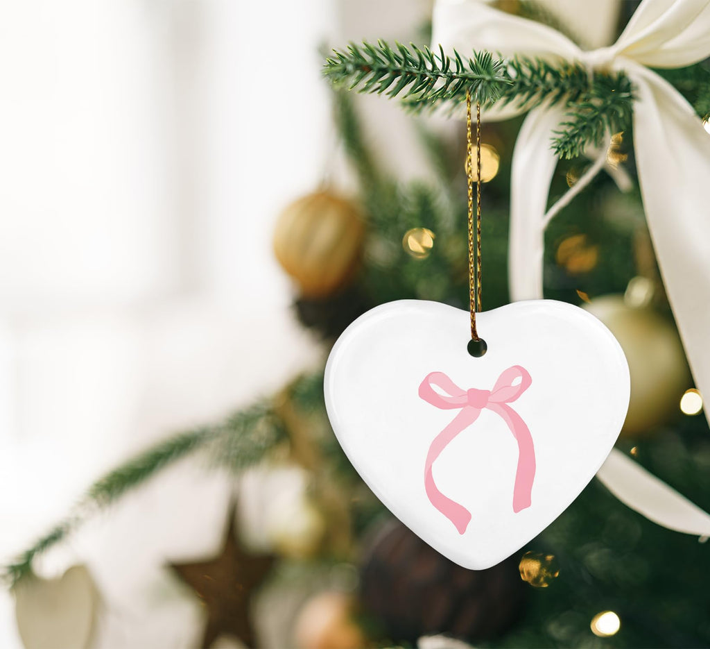 Coquette Trendy Pink Bow Ornament, Keepsake Sign for Decoration, Ceramic Heart