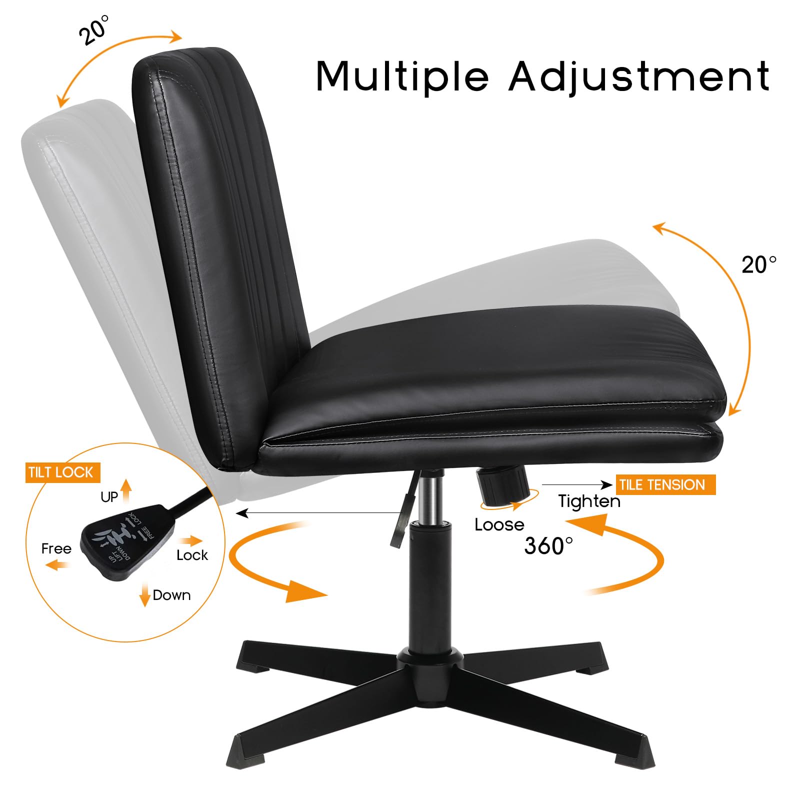 Criss Cross Chair, Armless Cross Legged Office Desk Chair No Wheels, Fabric Padded Modern Swivel Height Adjustable Mid Back Wide Seat