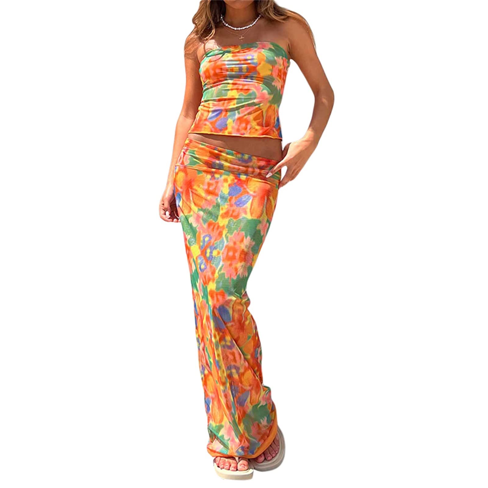 Women Y2K 2 Piece Long Skirt Set V Neck Halter Crop Top Off Shoulder Slim Fit Tube Top Split Maxi Skirts Outfit