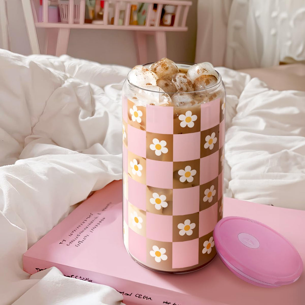 Glass Cup with Lid & Straw, Iced Coffee Aesthetic Glass Can, 16oz