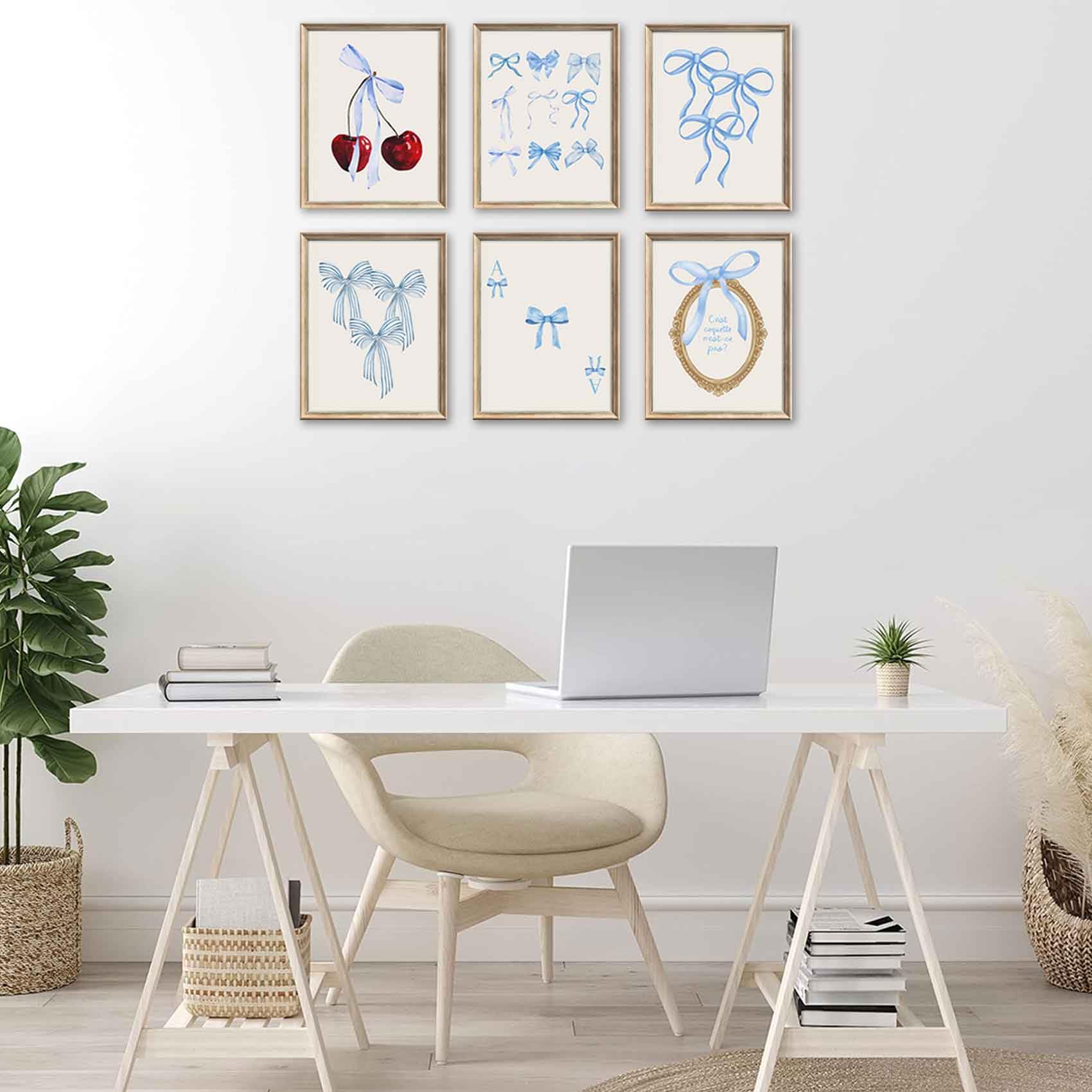 Coquette 6pcs Blue Bow Canvas Wall Art Preppy Decor Trendy Red Cherry Mirror Posters Room Decoration Unframed