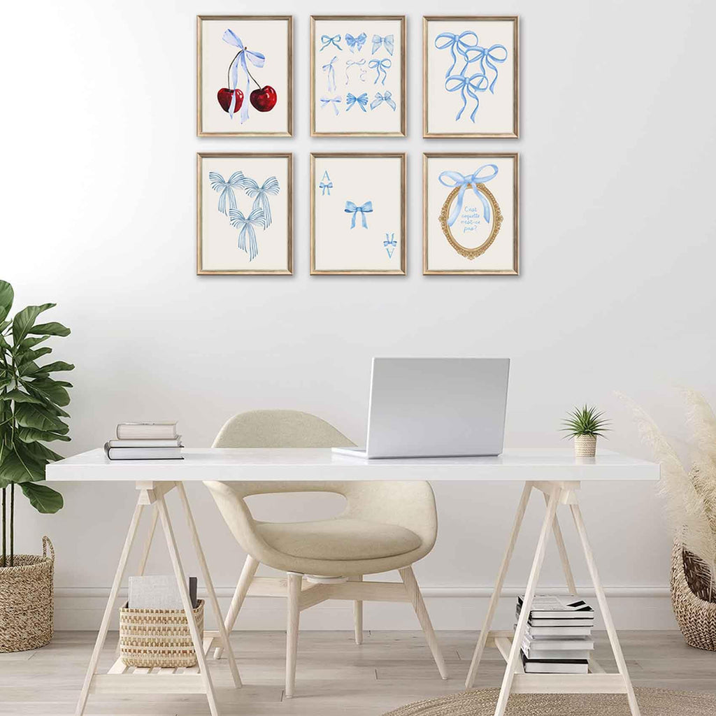 Coquette 6pcs Blue Bow Canvas Wall Art Preppy Decor Trendy Red Cherry Mirror Posters Room Decoration Unframed