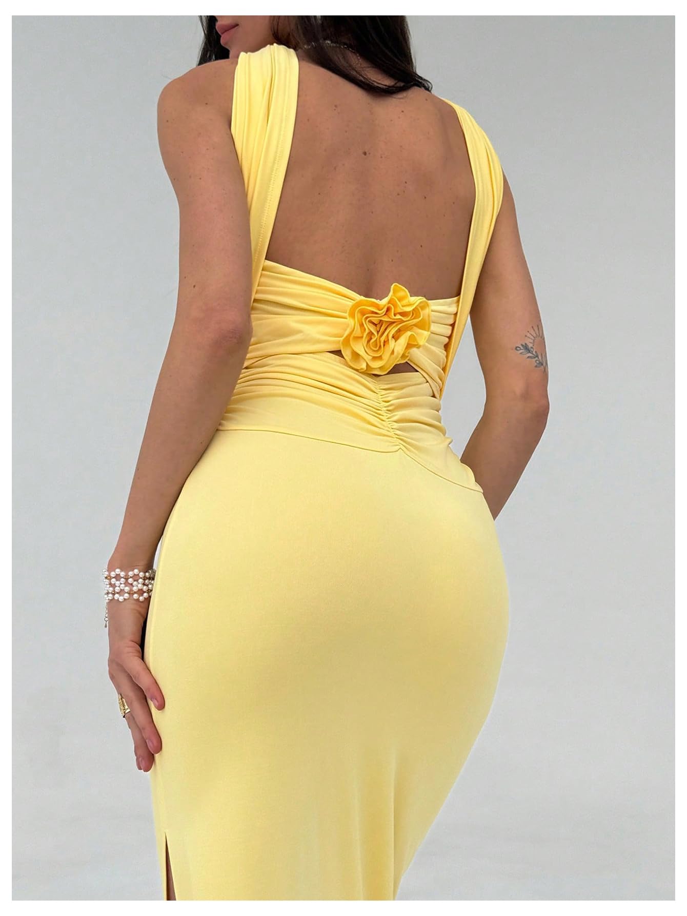 Women's Backless Halter Dress Sexy 3D Floral Ruched Split Thigh Maxi Dresses