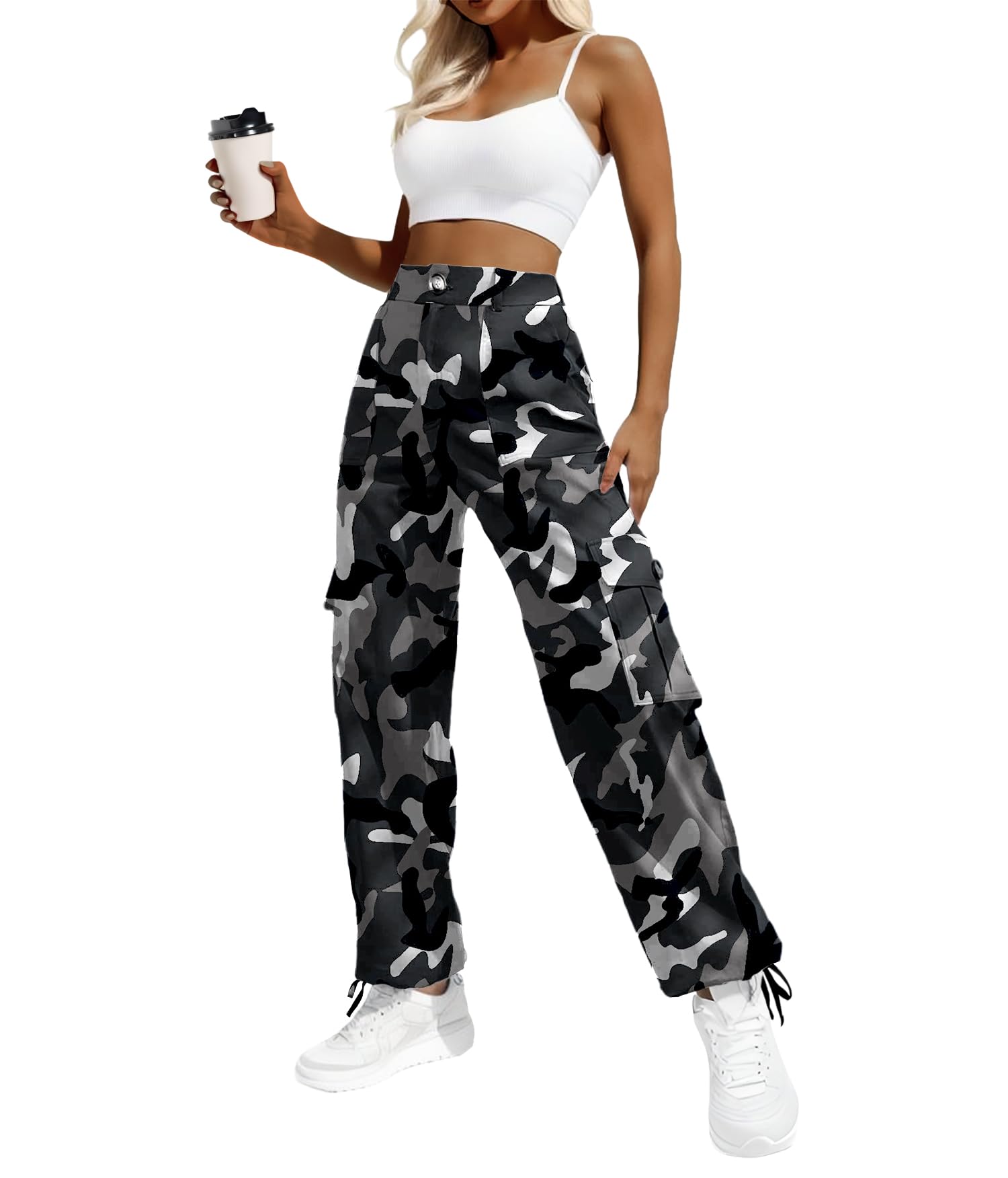 Women's High-Waisted Cargo Pants â€?Y2K Streetwear Baggy with 6 Pockets & Drawstring Cuffs