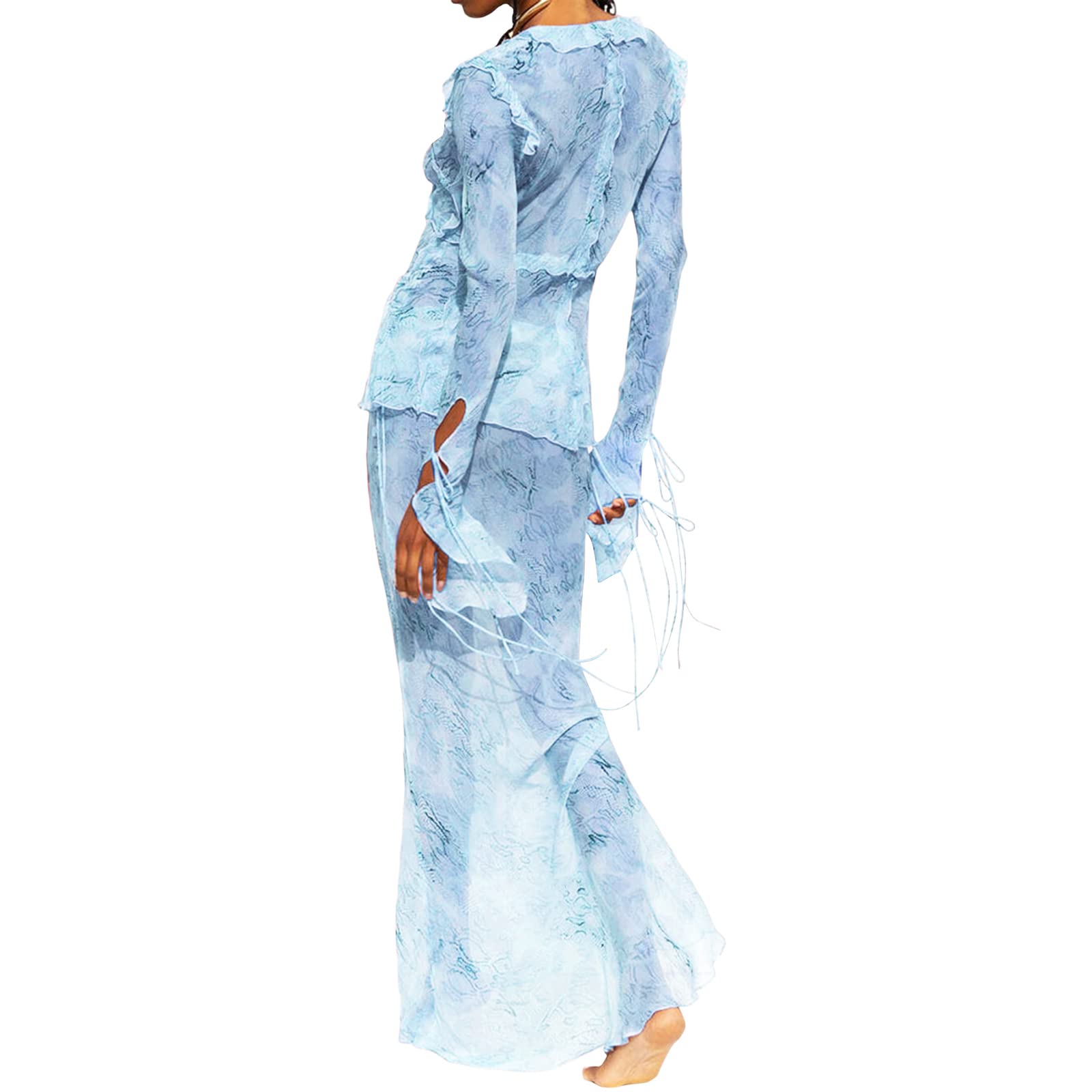 Women Sexy Y2K Maxi Skirt Set Strapless Bodycon Lace Tube Top See Through 2 Piece Outfits Summer Party Wear Dress