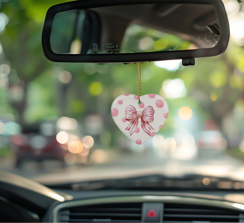 Coquette Trendy Pink Bow Ornament, Keepsake Sign for Decoration, Ceramic Heart