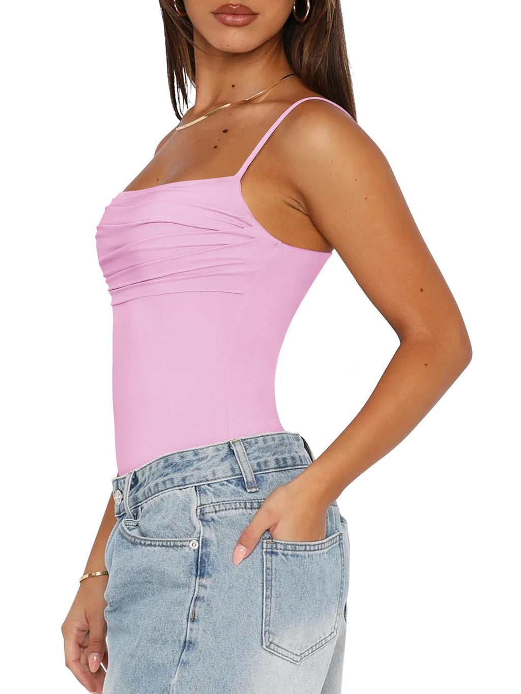 Womens Sexy Spaghetti Ruched Double Lined Square Neck Bodysuit