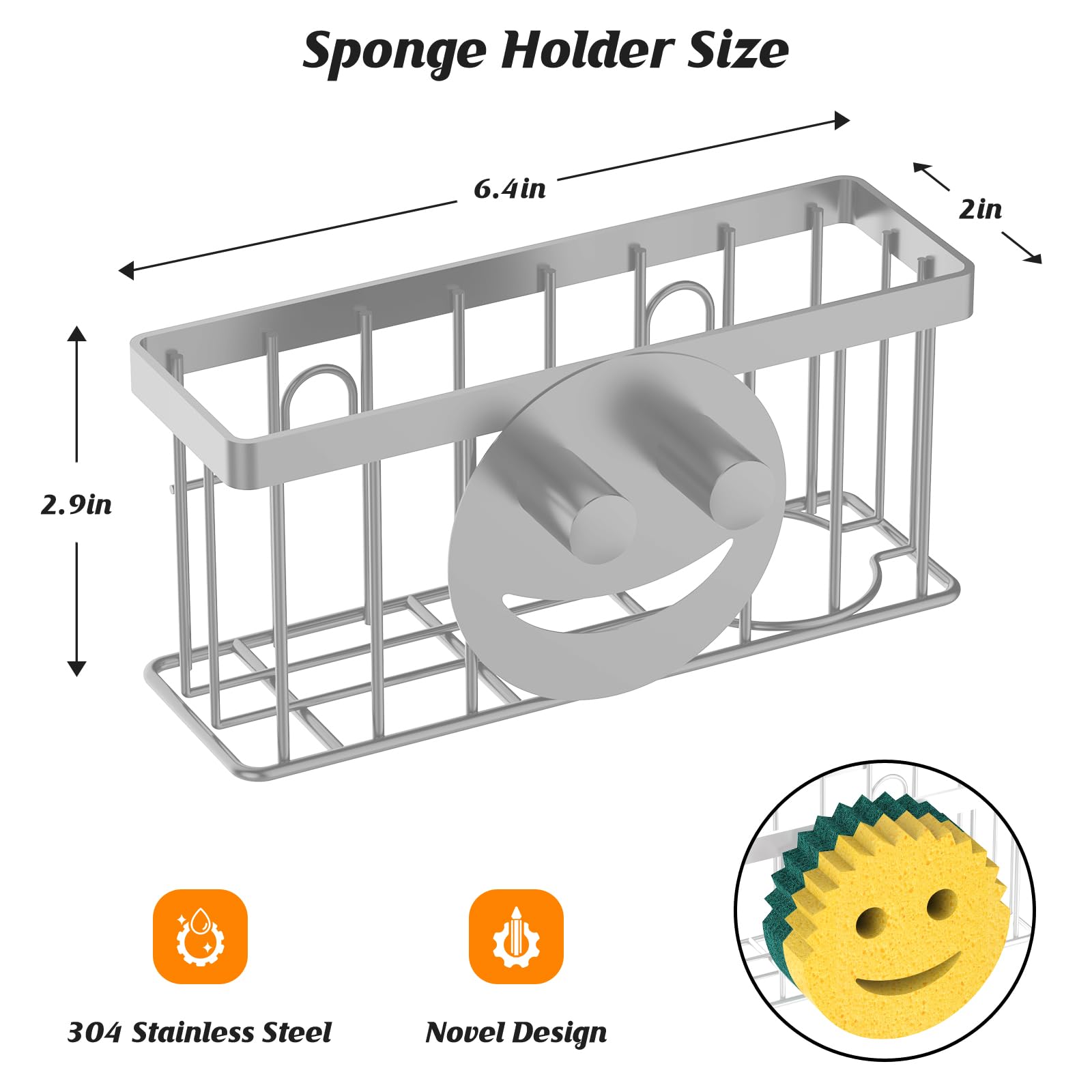 Sponge Holder Smiley Face, Sink Caddy for Kitchen Organizer Sponge Holder with 2 PCS Suction Cups/1 PCS Adhesive Strips