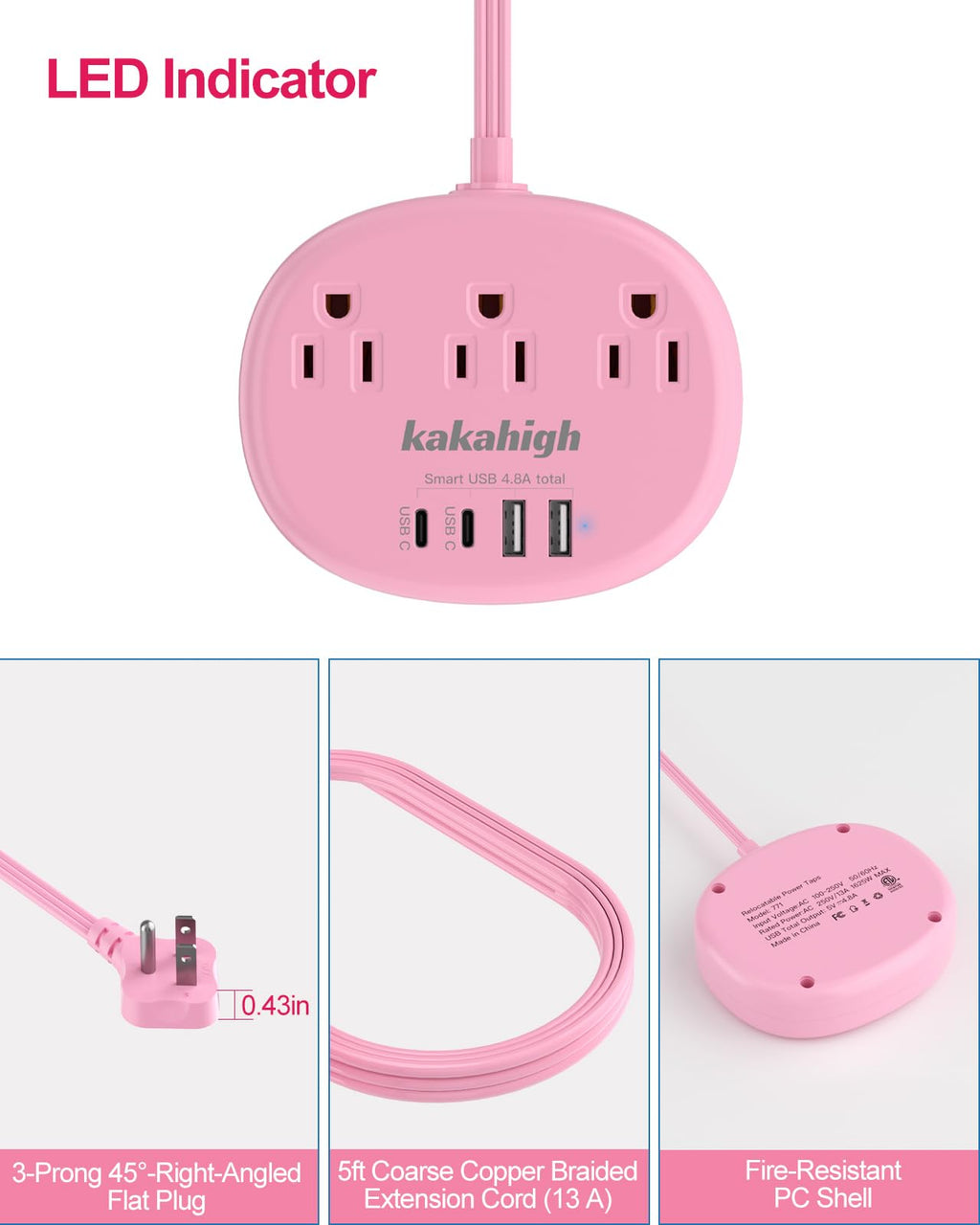 Cute Surge Protector â€?5FT Flat Extension Cord, 3 Outlets, 4 USB Ports (24W)