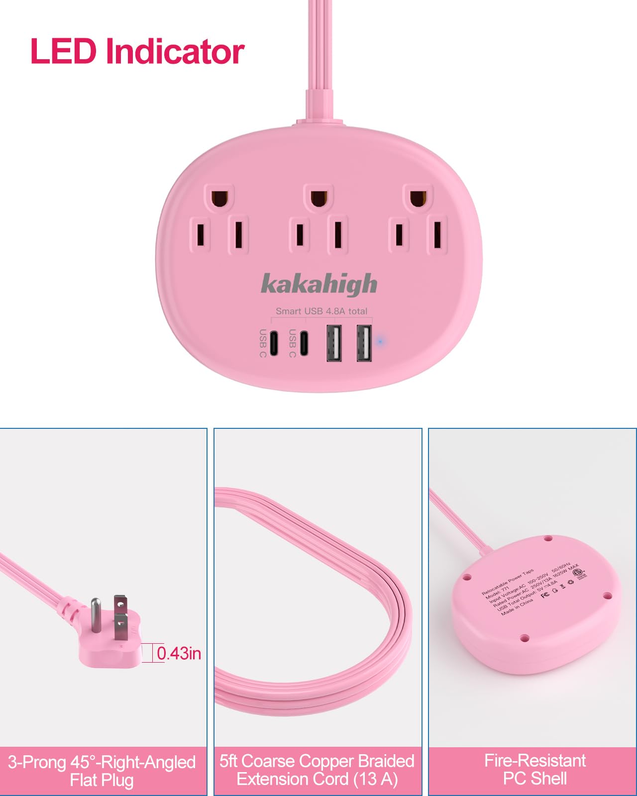 Cute Surge Protector â€?5FT Flat Extension Cord, 3 Outlets, 4 USB Ports (24W)
