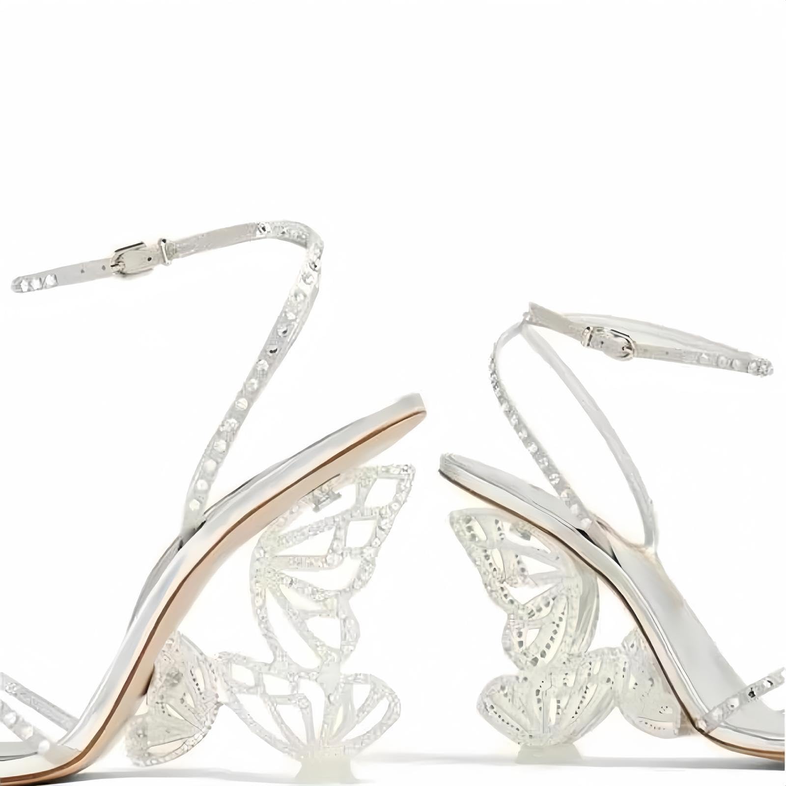 Rhinestone Butterfly Stilletos Heels Sandals for Women, Open Pointed High Heels Sandals Ankle Strap Buckles