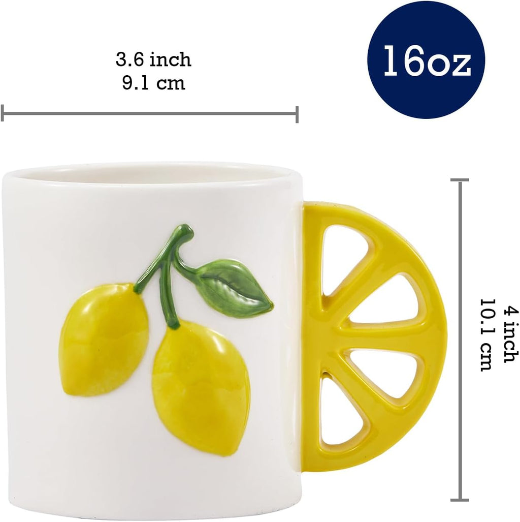 Lemon Cute Handle Handcrafted 16oz Stoneware Mug, Handpainted Mug