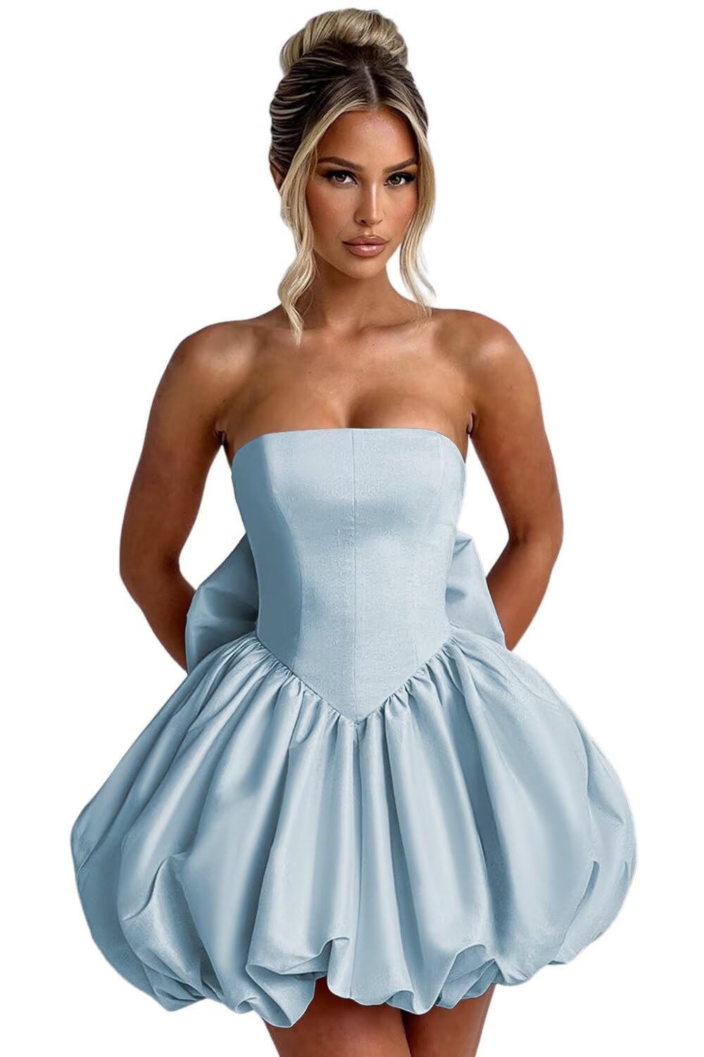 Satin Bubble Dress with Pockets Strapless Detachable Bow Short Ball Gowns A Line
