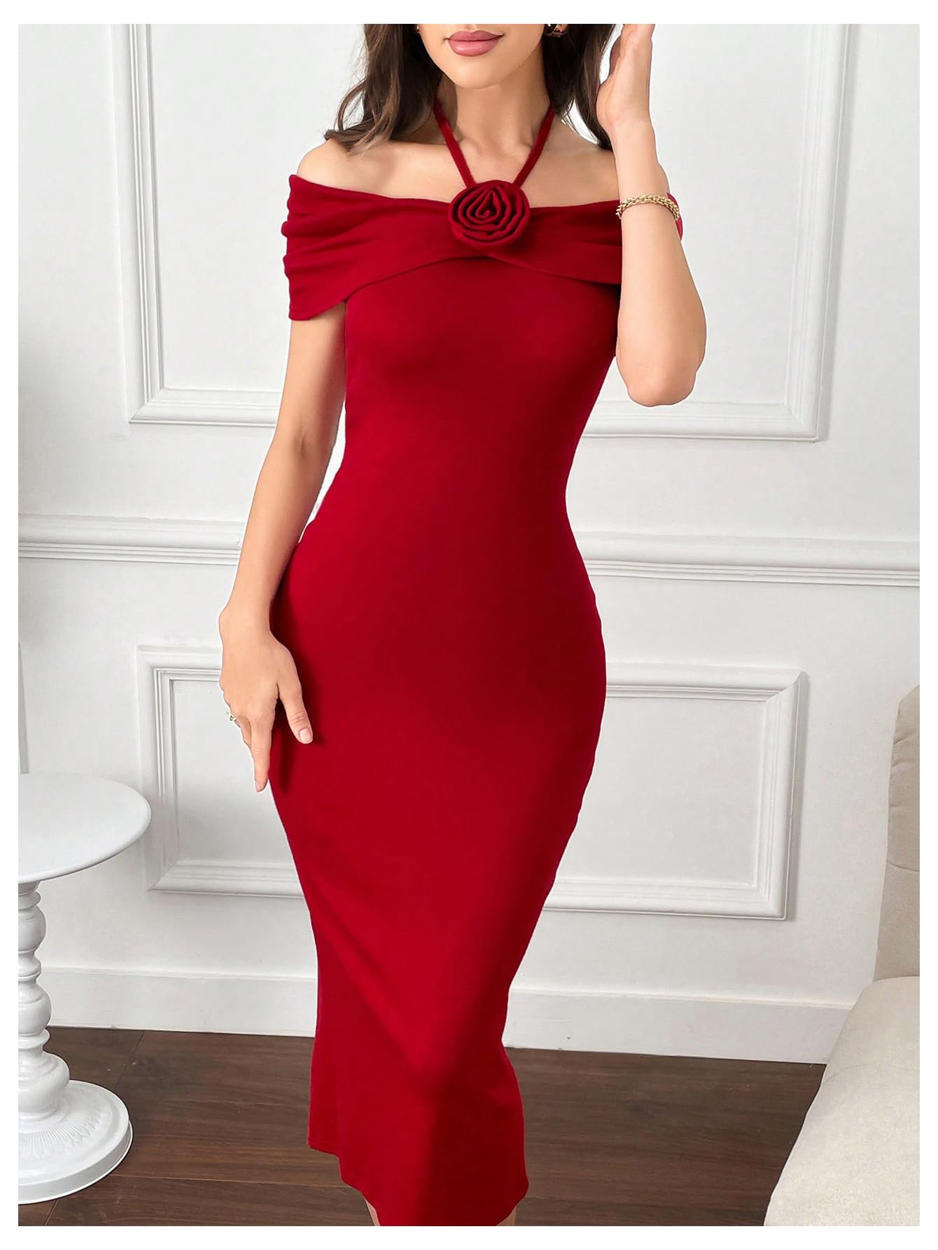 Women's 3D Floral Off The Shoulder Halter Dress Backless Long Bodycon Dress