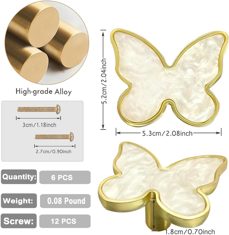 Butterfly 6 pcs Shape Knobs Handle Gold Cabinet Knobs Decoration Door Handle Single Hole Handles Cabinet Drawer Dresser Kitchen Wardrobe Furniture Hardware Pulls