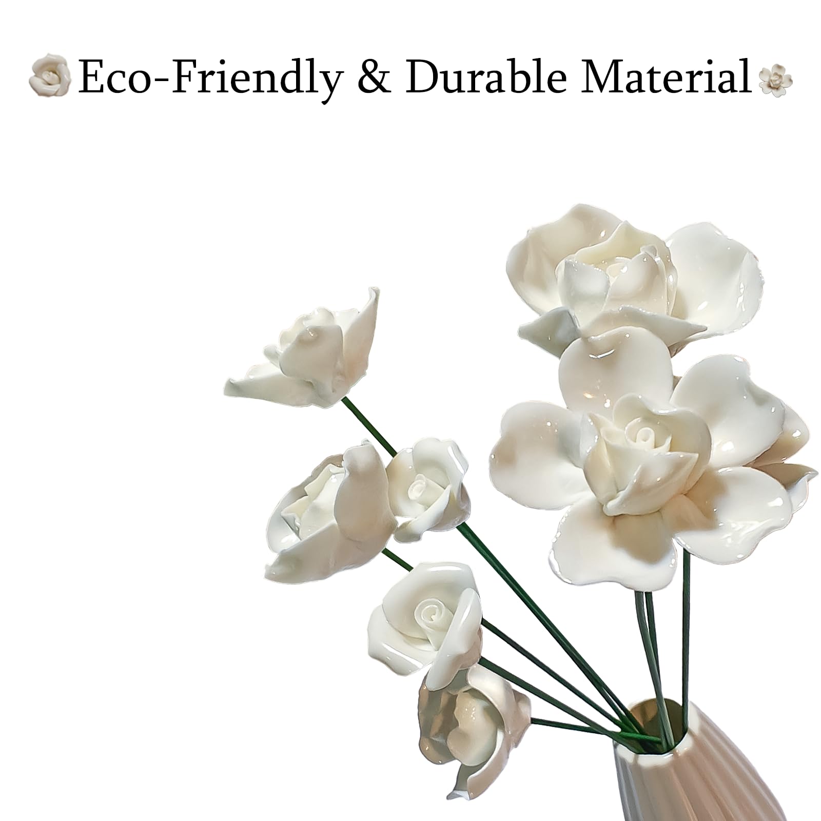 Handmade Ceramic Roses with Vase Set - 8 Artificial Porcelain Flowers and Modern Vase, Non-Fade Wedding Table Centerpiece, Eco-Friendly Home Décor for Living Room, Gift Box Included