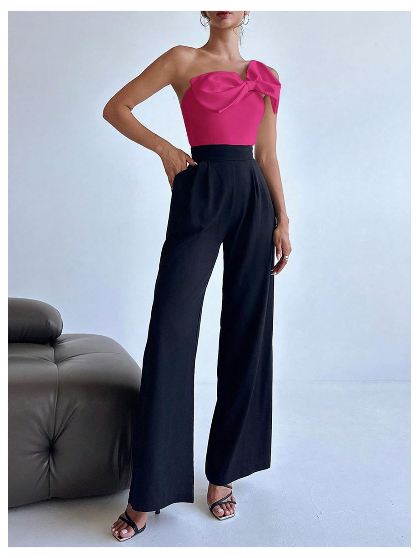 Women's One Shoulder Sleeveless Big Bow Front Elegant Fitted Tank Top Bodysuit