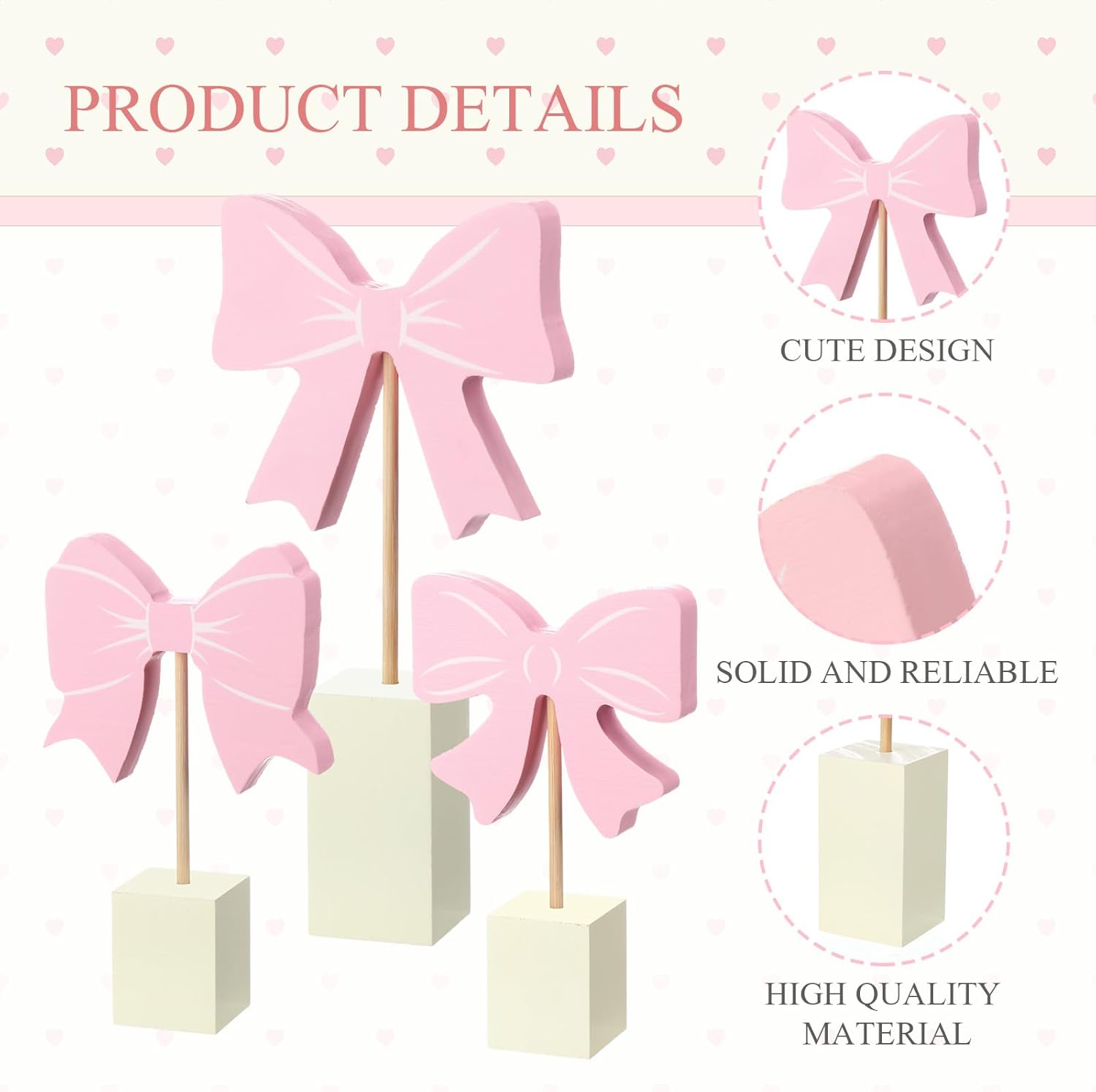 Coquette 3 Pcs Pink Bow Nursery Decor Wooden SignShelf Decor with Base Aesthetic Standing Bowknot Table Sign Centerpiece Accessories