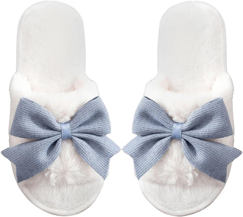 Women's Cute Bow Decor Fuzzy Open Toe Indoor Home Slippers Fashionable Warm Comfy Furry Outdoor Slippers