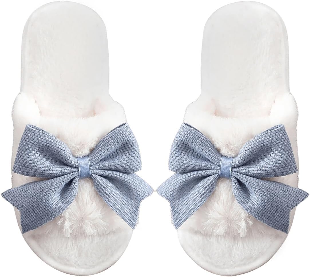Women's Cute Bow Decor Fuzzy Open Toe Indoor Home Slippers Fashionable Warm Comfy Furry Outdoor Slippers