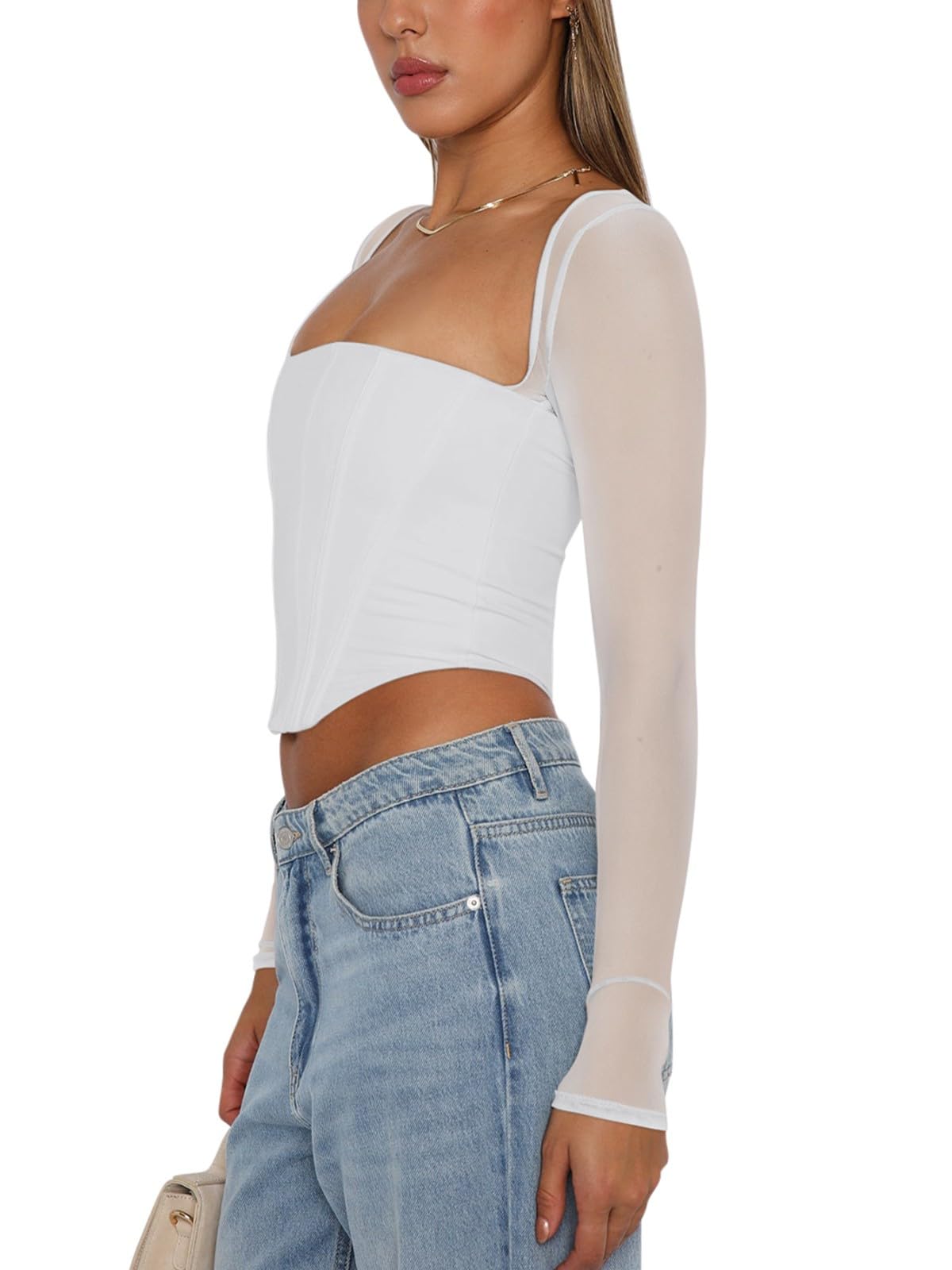 Women's Sexy Sheer Long-Sleeve Corset â€?Y2K Square Neck, Cropped Party Top