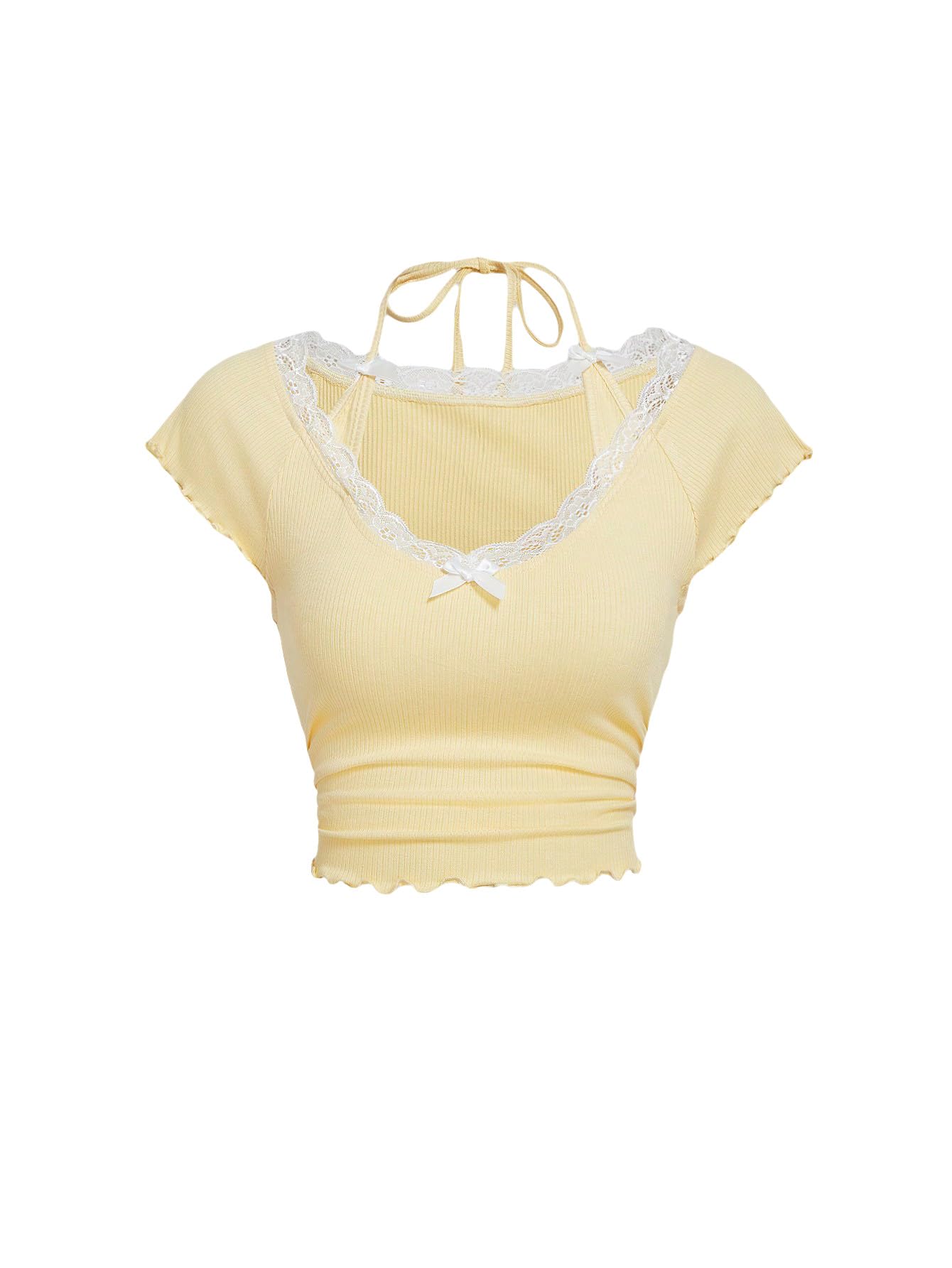 Women's Contrast Lace Halter Neck Lettuce Trim Casual Crop Tee Tops