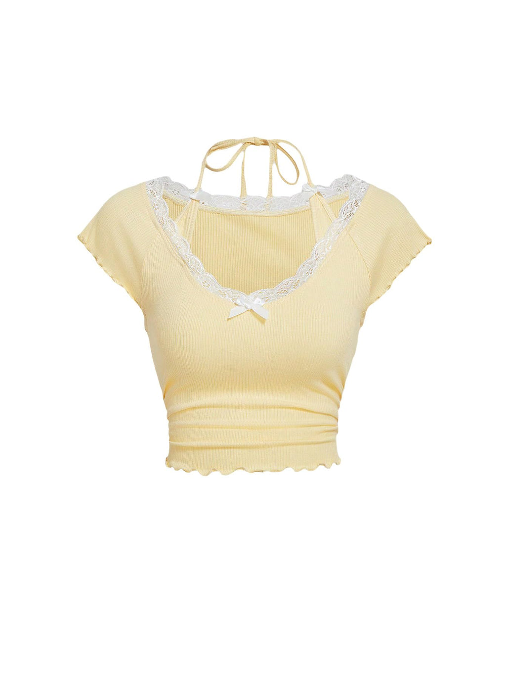 Women's Contrast Lace Halter Neck Lettuce Trim Casual Crop Tee Tops