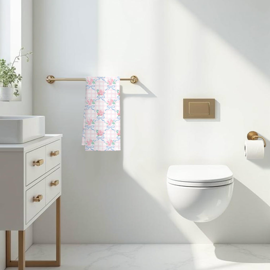 Coquette Bow Floral Kitchen Towel, Grandmillennial Pink Rose Flower Gingham Hand Towel for Bathroom, Pink and White Checkered Dish Tea Towel, 16x24 Inch