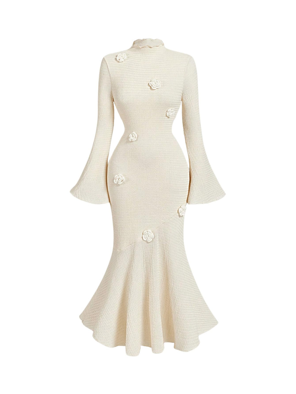 Women's 3D Floral Bell Sleeve Mock Neck Midi Dress Ruffle Hem Bodycon Wedding Guest Dresses