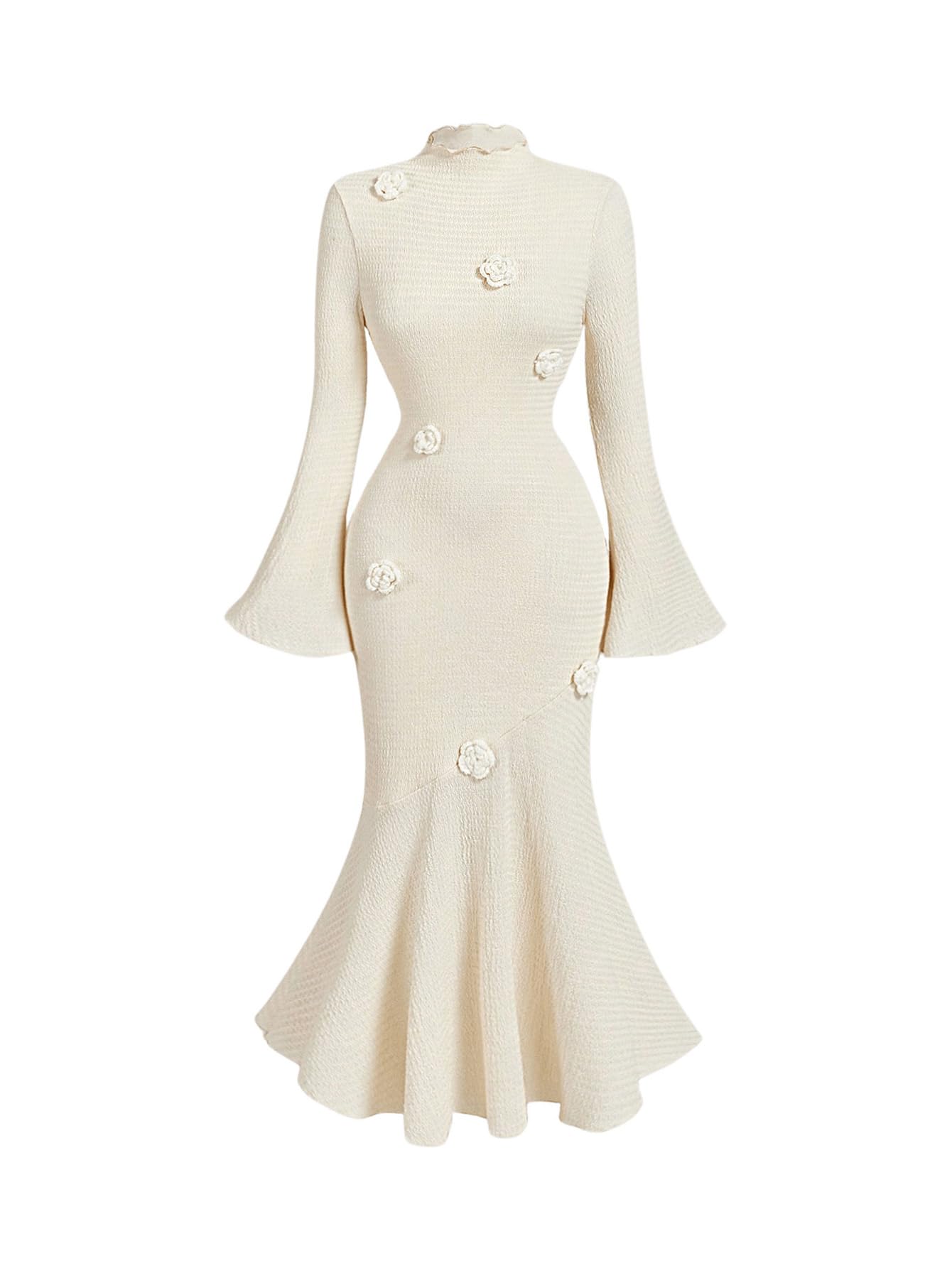 Women's 3D Floral Bell Sleeve Mock Neck Midi Dress Ruffle Hem Bodycon Wedding Guest Dresses