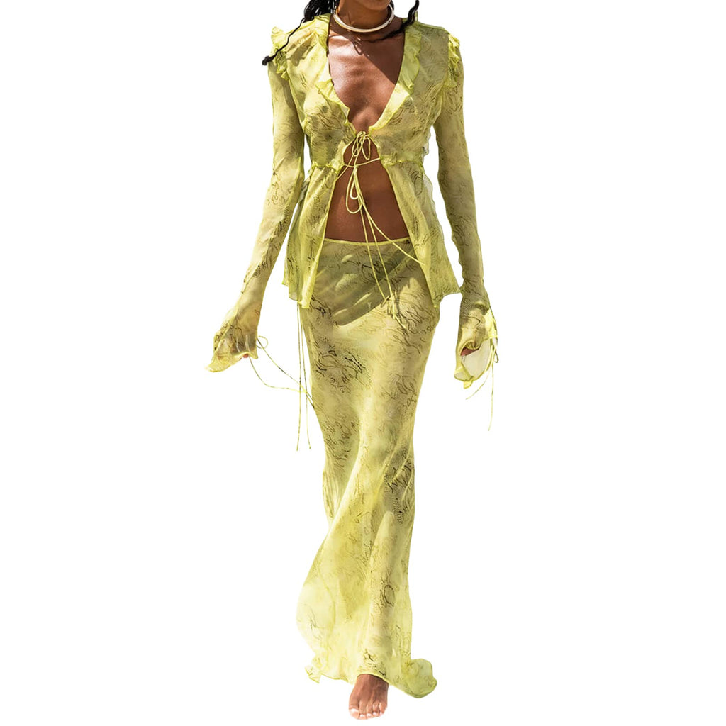 Women Sexy Y2K Maxi Skirt Set Strapless Bodycon Lace Tube Top See Through 2 Piece Outfits Summer Party Wear Dress